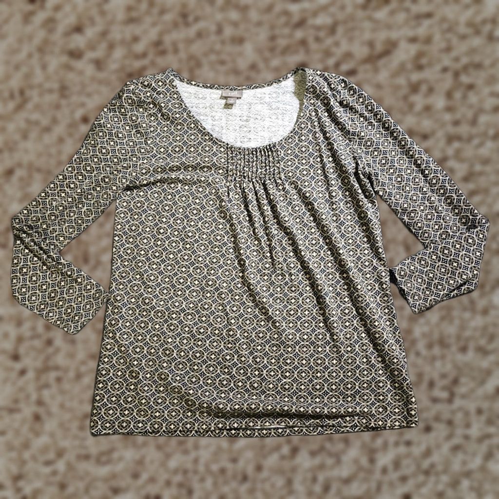 J. Jill J. Jill Top Shirt Womens Medium Beige Black Pleating 3/4 Sleeve Pullover Casual Career Geometric Knit Blouse Capable of Business Women Men? Size M / US 6-8 / IT 42-44 - 1 Thumbnail