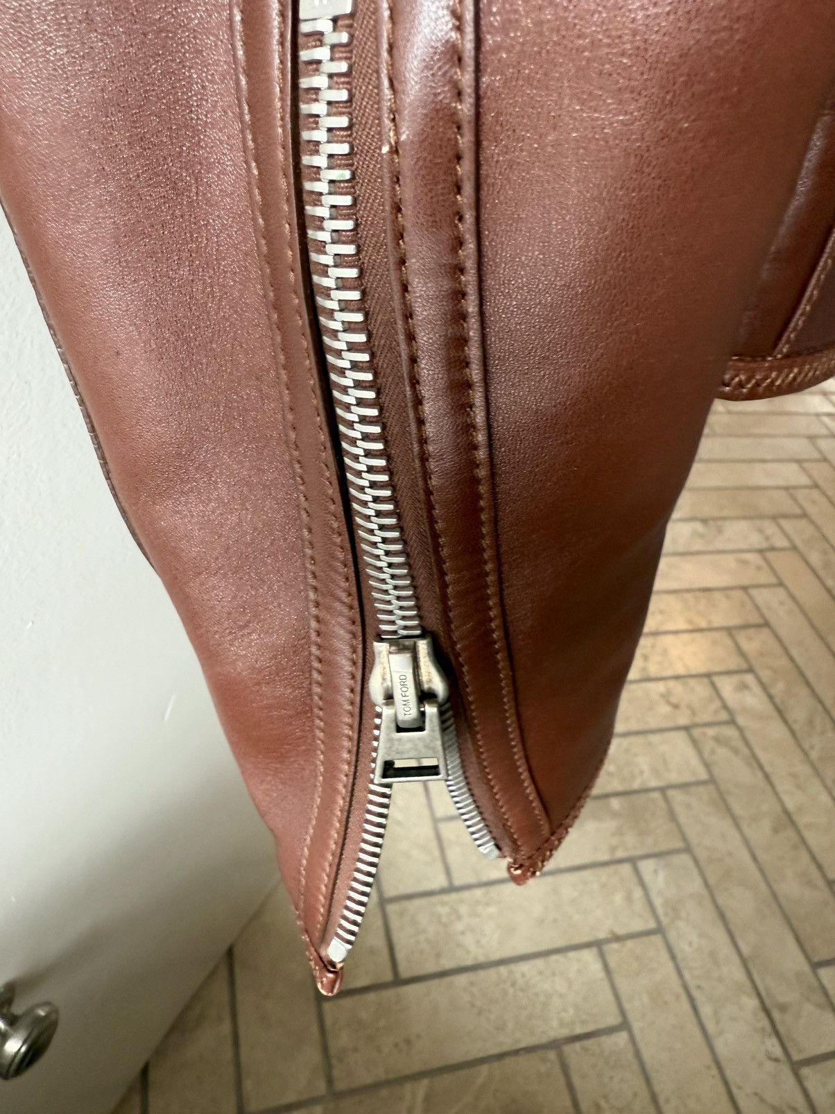Tom Ford Tom Ford Plongé Leather Racer Jacket TFL717-BU401 Brown Size US XXL / EU 58 / 5 - 19 Thumbnail