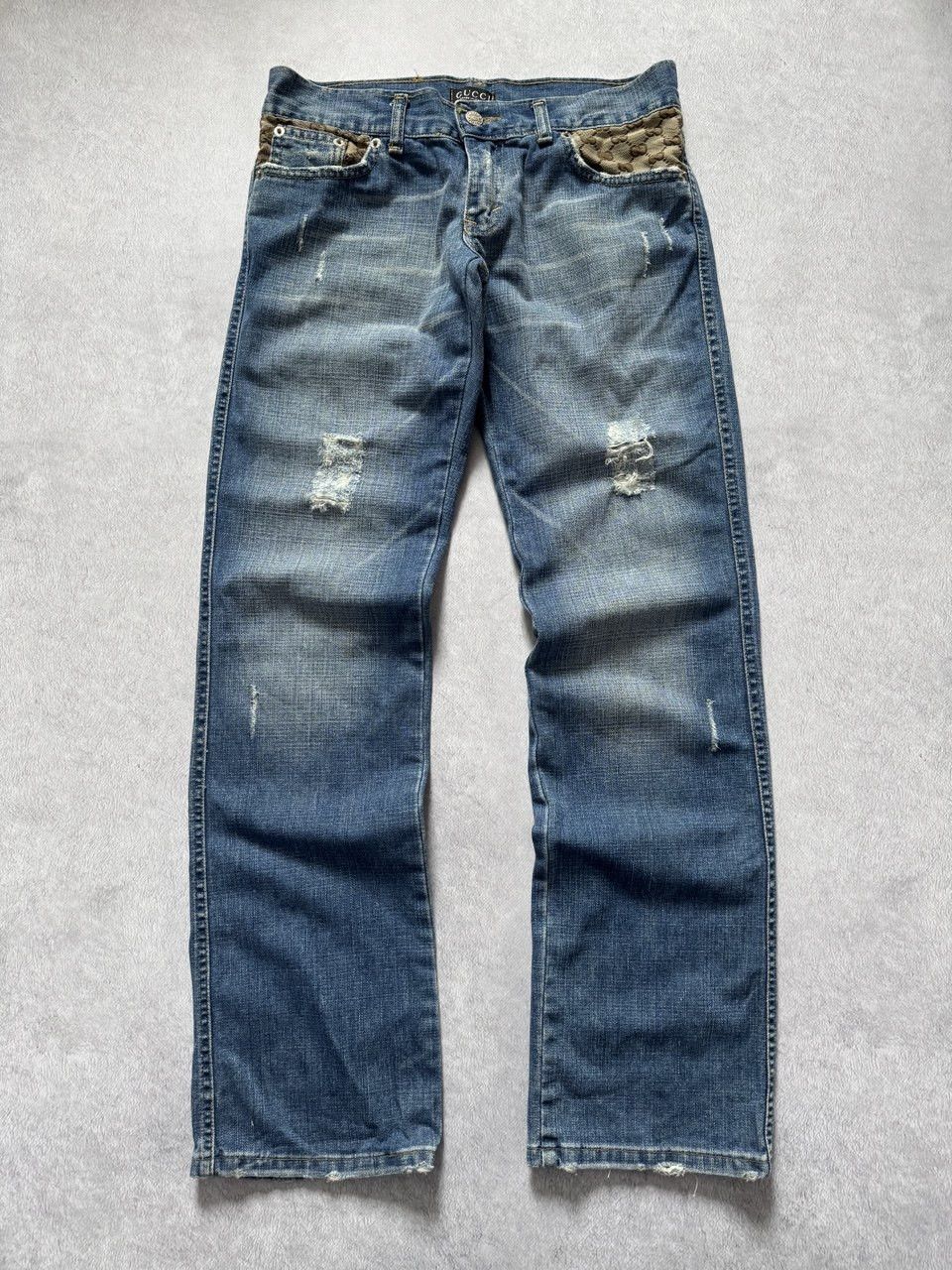 Vintage Gucci style GG embroidery patch flared low-rise jeans Size 28" / US 6 / IT 42 - 1 Thumbnail
