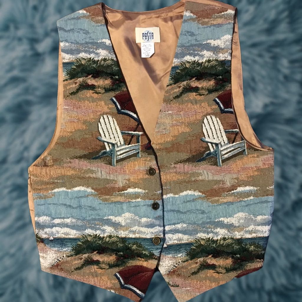 Nautica Vtg Pasta Beachfront Art Vest Women L Brown USA 70s 80s 90s Vintage Beachfront Art Vest for Women Size L / US 10 / IT 46 - 1 Thumbnail