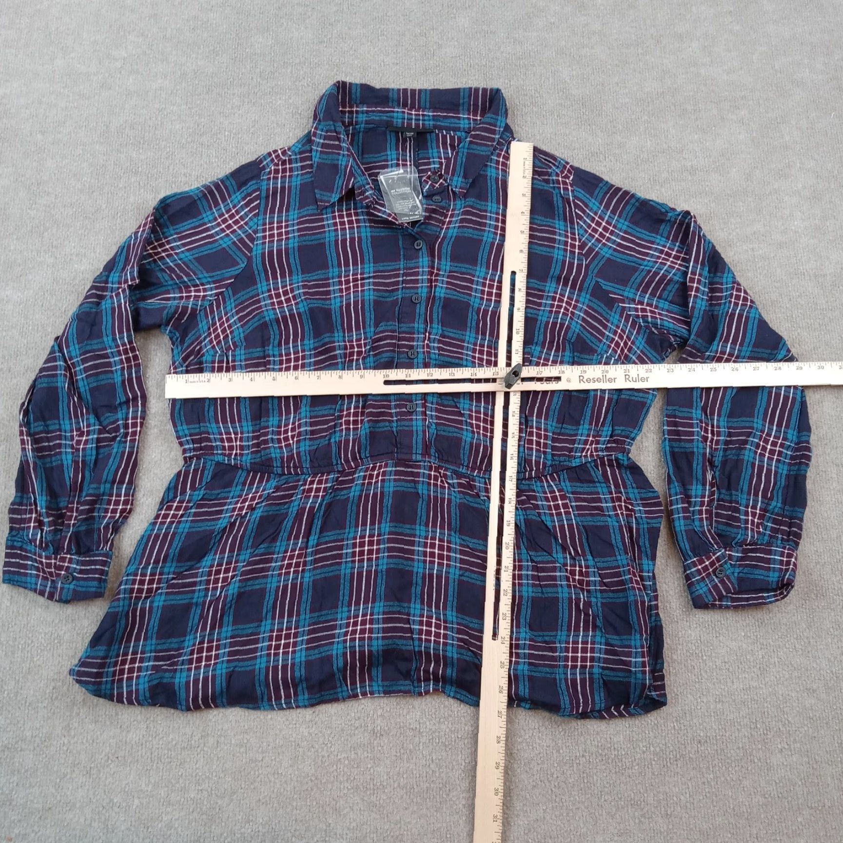 Vintage Lane Bryant Plaid Blouse Womens 18/20 Long Sleeve Elastic Waist Button Purple Blue Rayon Size XXL / US 16-18 / IT 52-54 - 2 Thumbnail