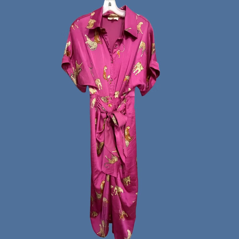 Pinko Entro Dress Womens L Pink Leopard Satin Ruched Button Front Maxi Shirt Collared Size L / US 10 / IT 46 - 1 Thumbnail