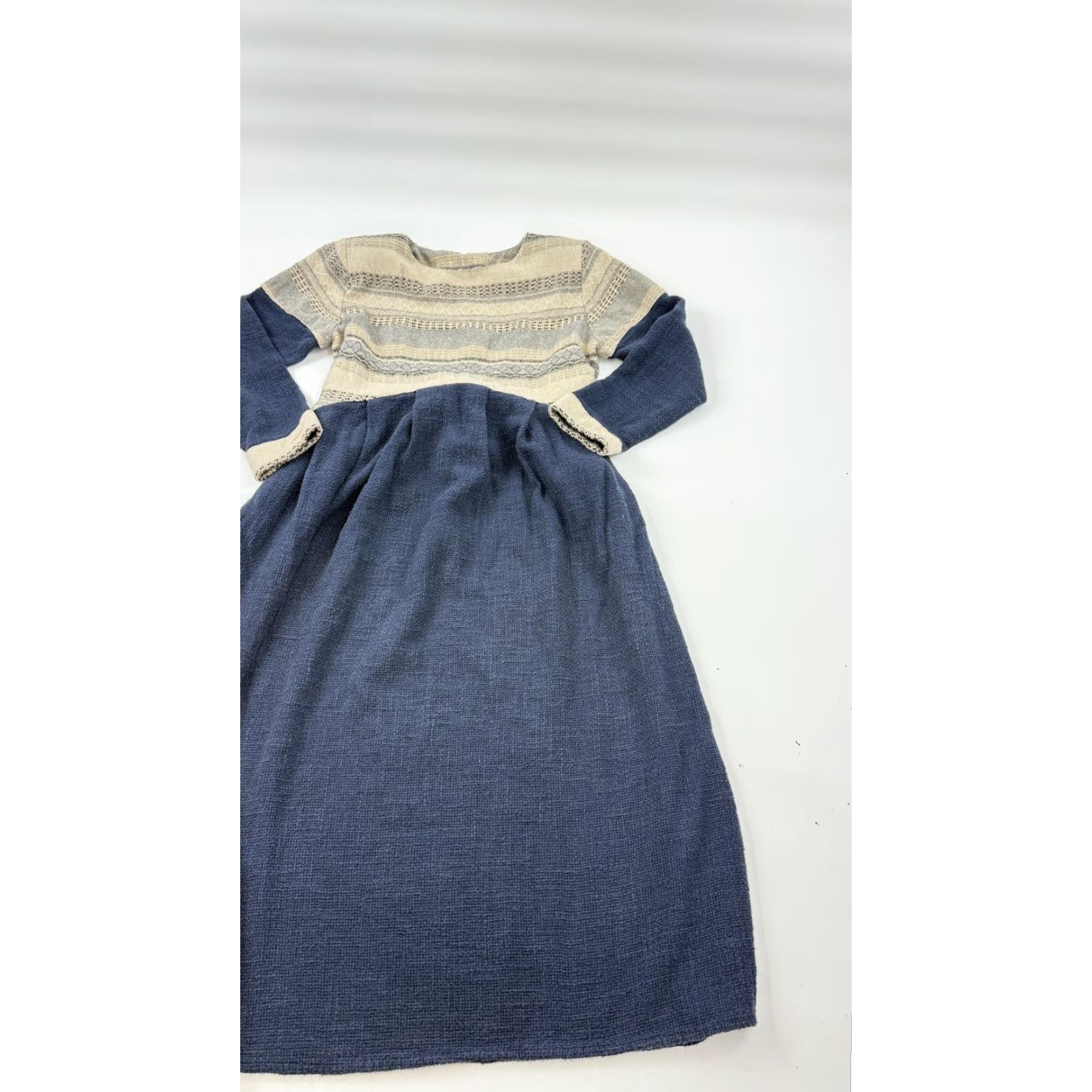 Vintage Twigi Dress Womens Small Blue Beige Knit Textured Long Sleeve Belted Maxi Boho Size S / US 4 / IT 40 - 2 Thumbnail
