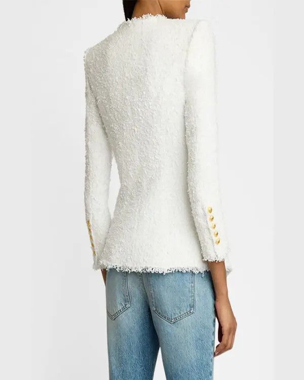 Balmain o1s1wg111225 Collarless Tweed Jacket in White Size M / US 6-8 / IT 42-44 - 4 Thumbnail