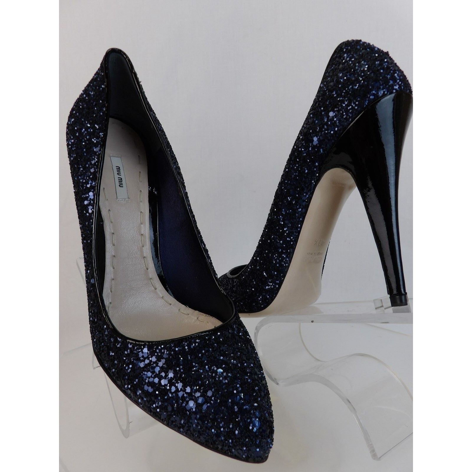 Miu Miu DARK NAVY GLITTER BLACK PATENT LEATHER HEEL PUMPS 40.5 ITALY Size US 10.5 / IT 40.5 - 3 Thumbnail