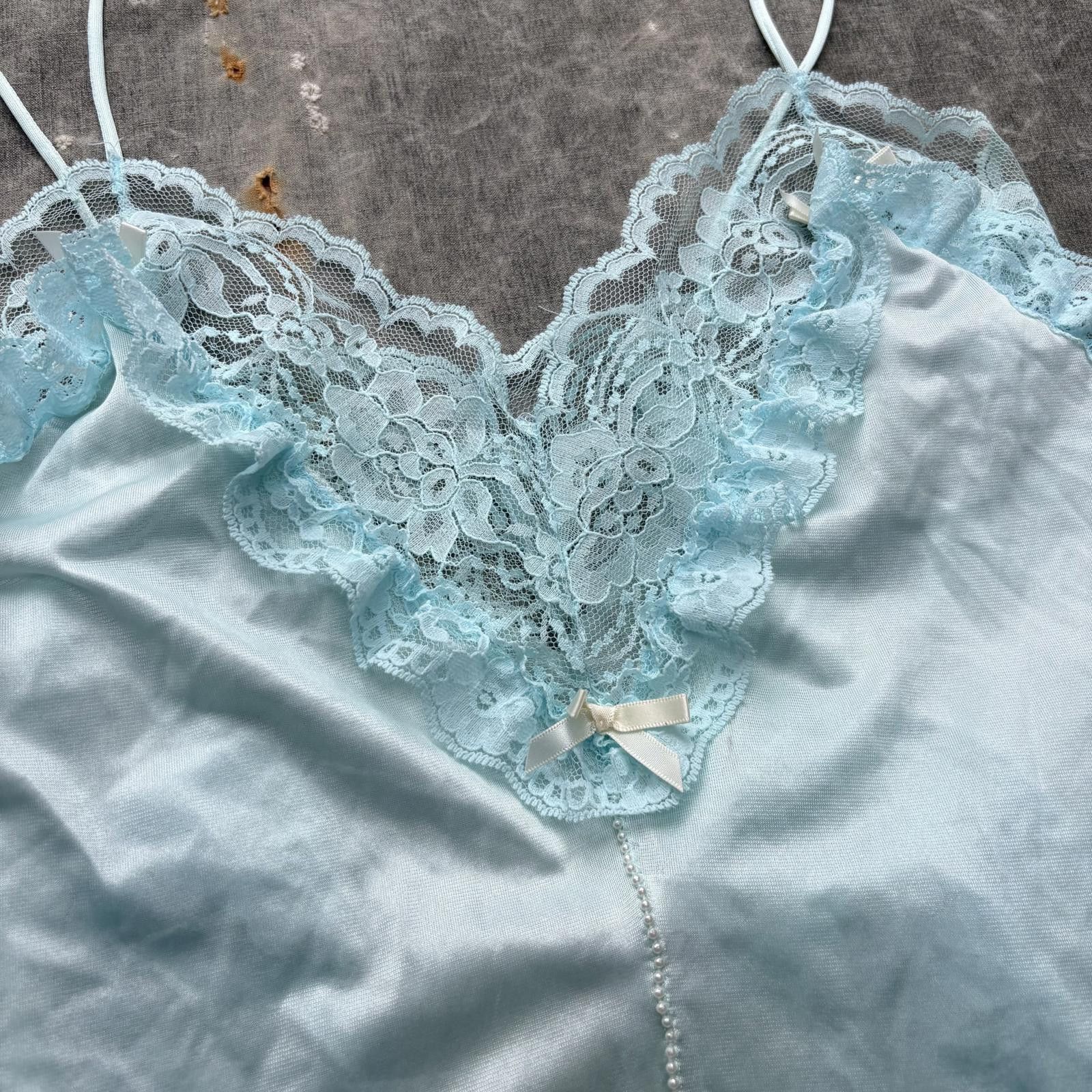 Vintage Vintage 70s Blue Floral Lace Trim Sheer Pearls Lingerie Top Size L / US 10 / IT 46 - 2 Thumbnail