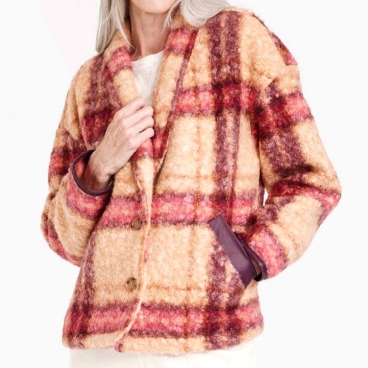 Vintage Knox Rose jacket Plaid Knit textured boucle tan red Button closure M Womens Short Sleeve Long Sleeve Fall Winter Casual Basic Jacket Size M Size M / US 6-8 / IT 42-44 - 2 Thumbnail