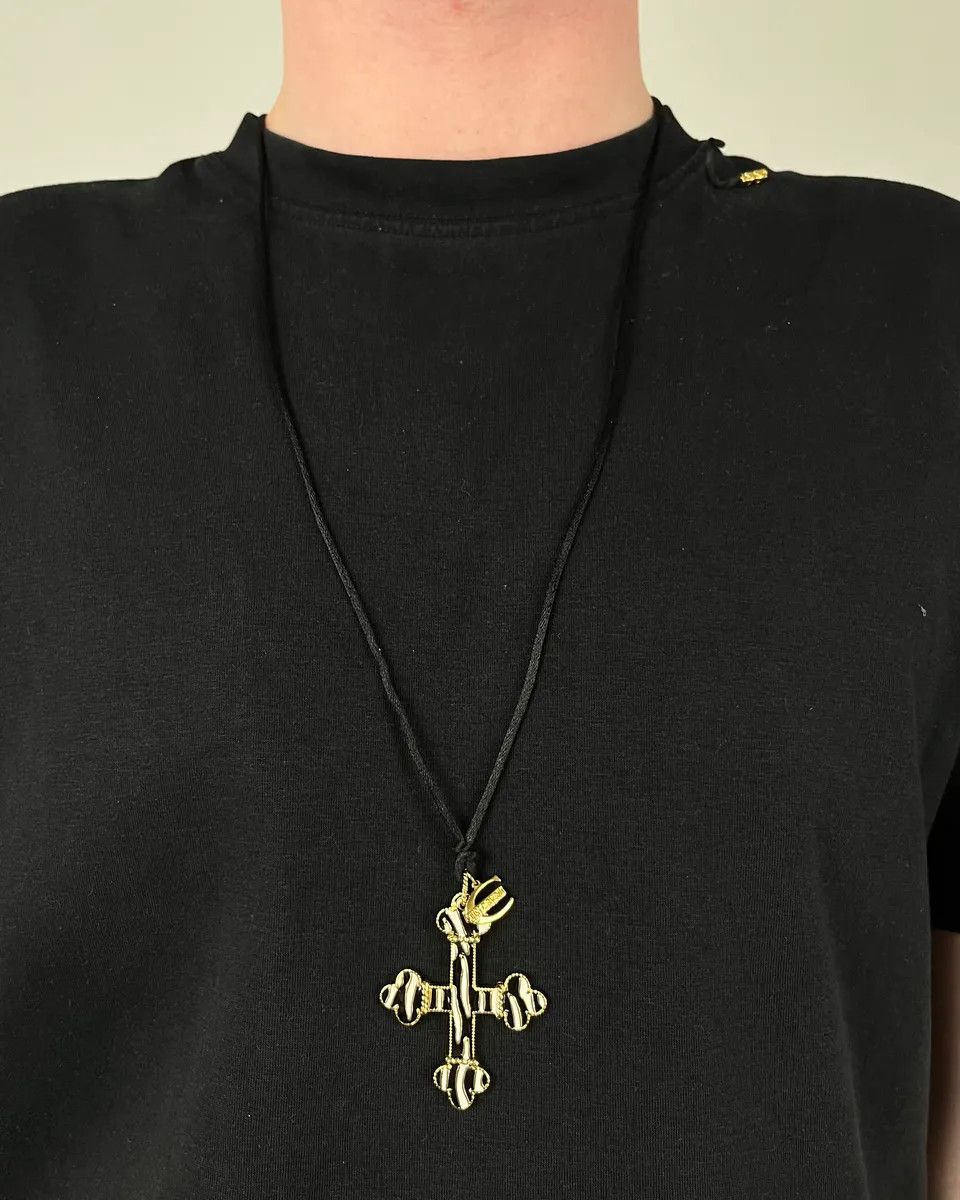 Roberto Cavalli Cavalli Gold Metal Cross Pendant with Striped Detail Necklace Size ONE SIZE - 2 Thumbnail