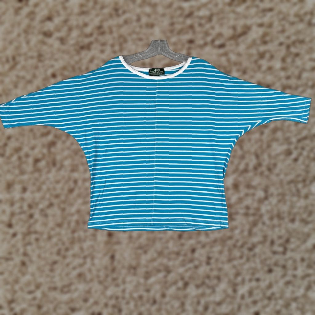 Ralph Lauren Lauren Active Shirt Women M Blue Stripe 3/4 Sleeve Round Neck Casual Jersey Cotton Blend Logo Vintage? No. Size M / US 6-8 / IT 42-44 - 1 Thumbnail