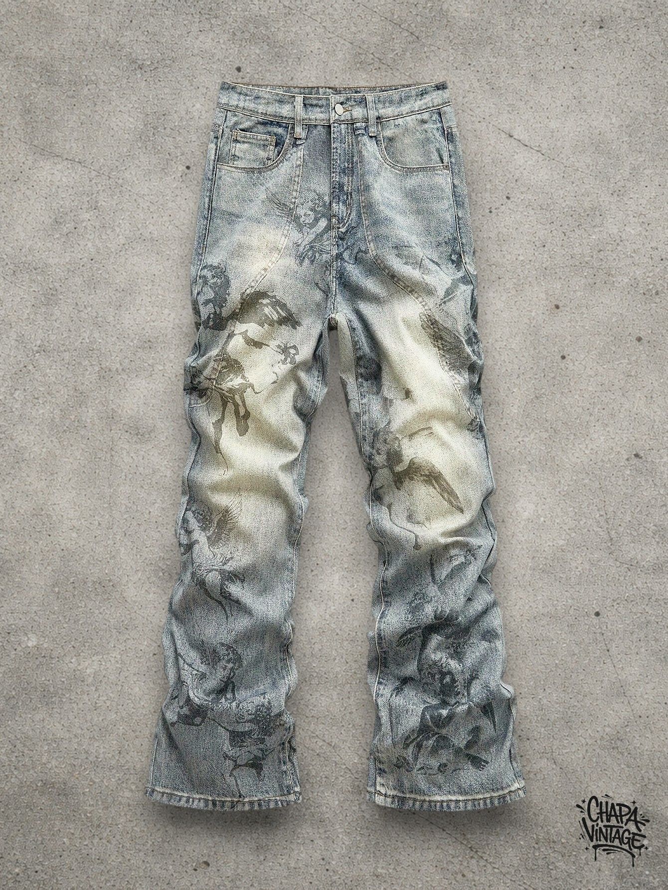 Japanese Brand Slim stacked graphic jeans Size US 32 / EU 48 - 1 Thumbnail
