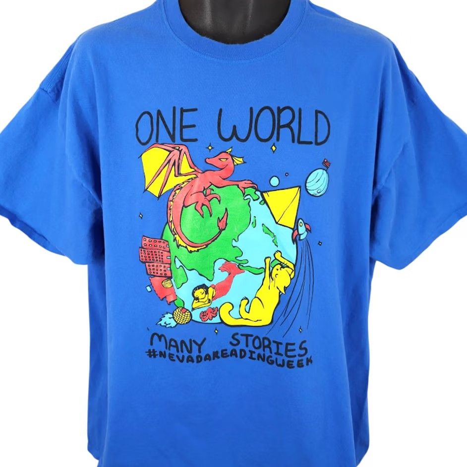 Port & Company Reading Week T Shirt Mens XL Blue Port & Company Nevada Books One World Many Stories Space Theme Size US XL / EU 56 / 4 - 2 Thumbnail