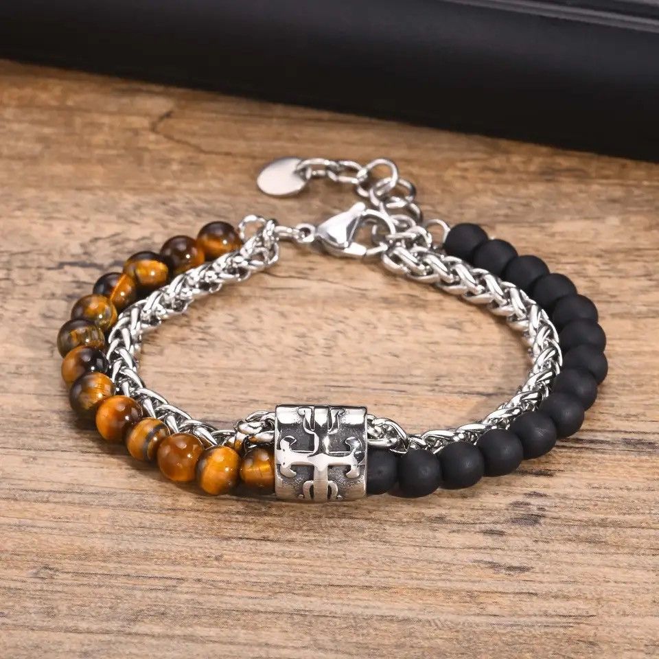 Jewelry × Vintage Double Layer Beaded Bracelet Matte Agate Tiger Eye Black St Size ONE SIZE - 2 Thumbnail