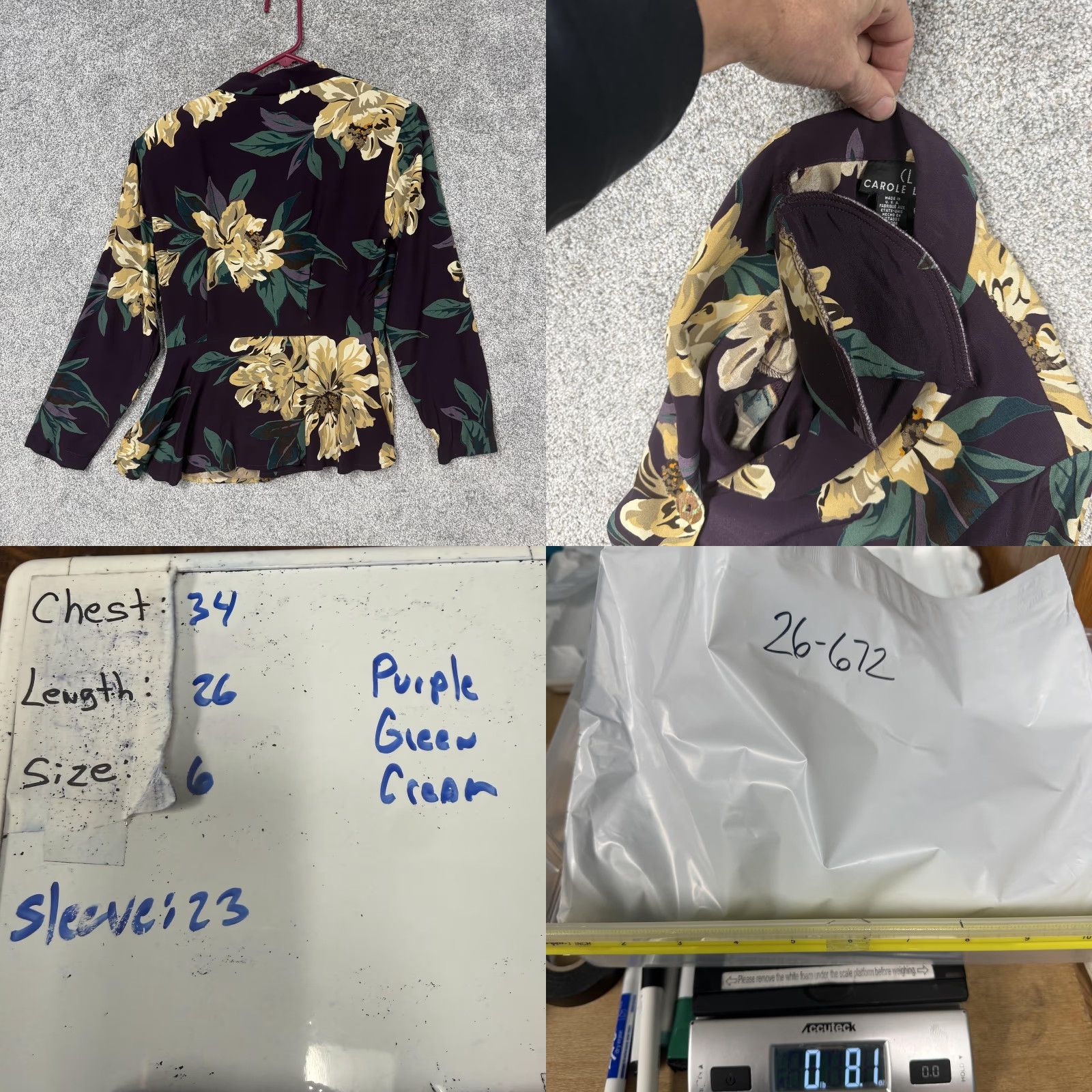 Vintage VINTAGE Carole Little Blazer 6 Purple Floral - Women's Regular Long Sleeve Notch Lapel Tailored Peplum Office Business Blazer Jacket Size M / US 6-8 / IT 42-44 - 8 Thumbnail