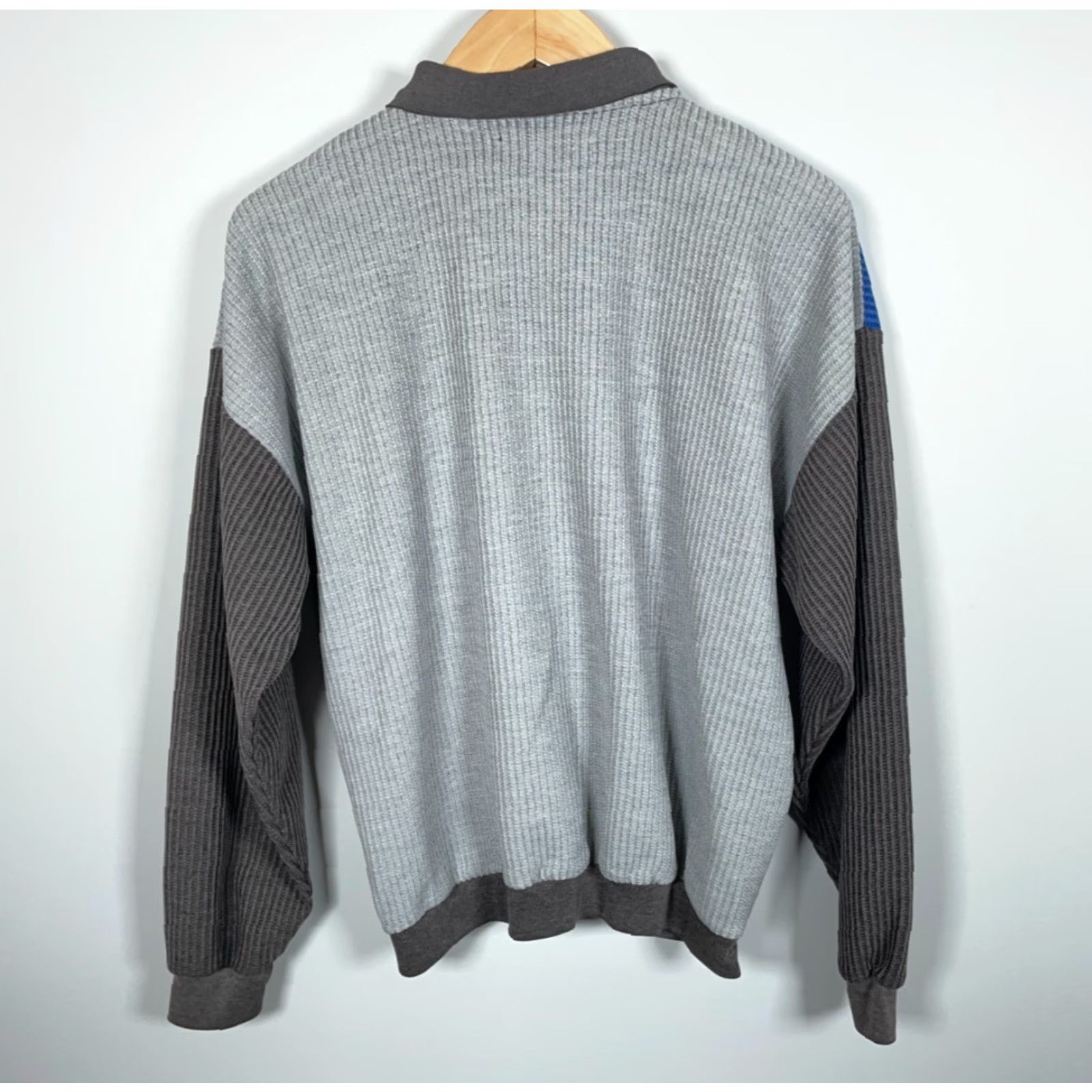 Vintage 80s Waffle Knit Long Sleeve Polo Shirt Adult Large Gray Blue Striped Huk-a-poo Size US L / EU 52-54 / 3 - 2 Thumbnail