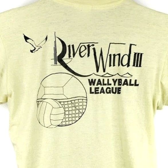 Hanes VINTAGE Hanes River Wind Wallyball T Shirt Mens Medium 80s Volleyball Made In USA Yellow 50/50 Crew Neck Short Sleeve Graphic Tee Mens Size US M / EU 48-50 / 2 - 4 Thumbnail