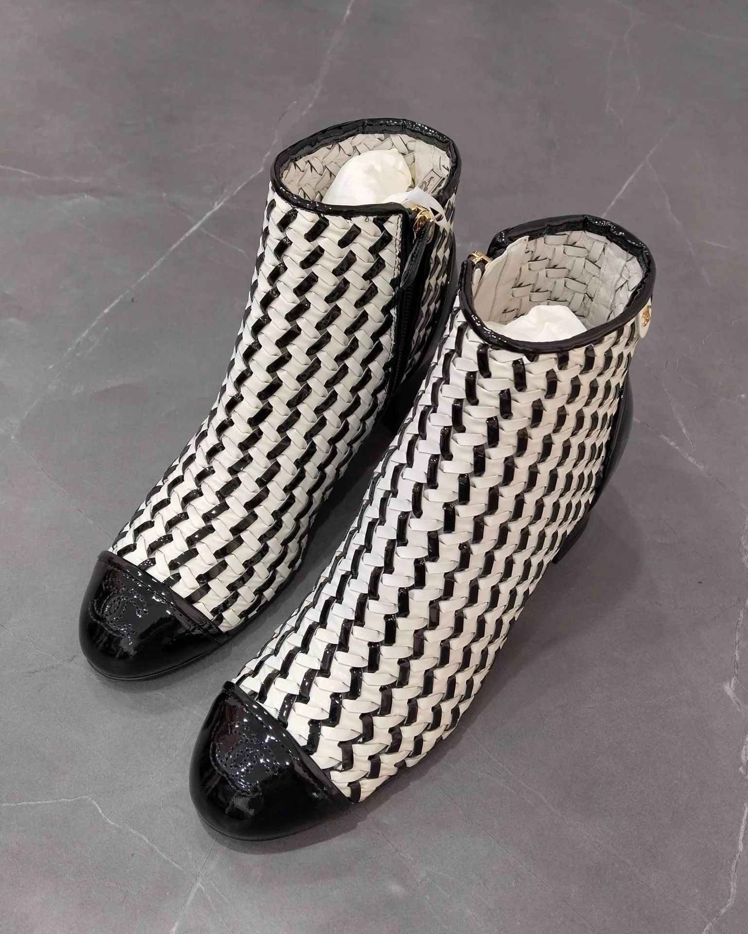 Chanel CHANEL Women's Black & White Woven High-Heel Ankle Boots 36.5 Size US 6 / IT 36 - 1 Thumbnail