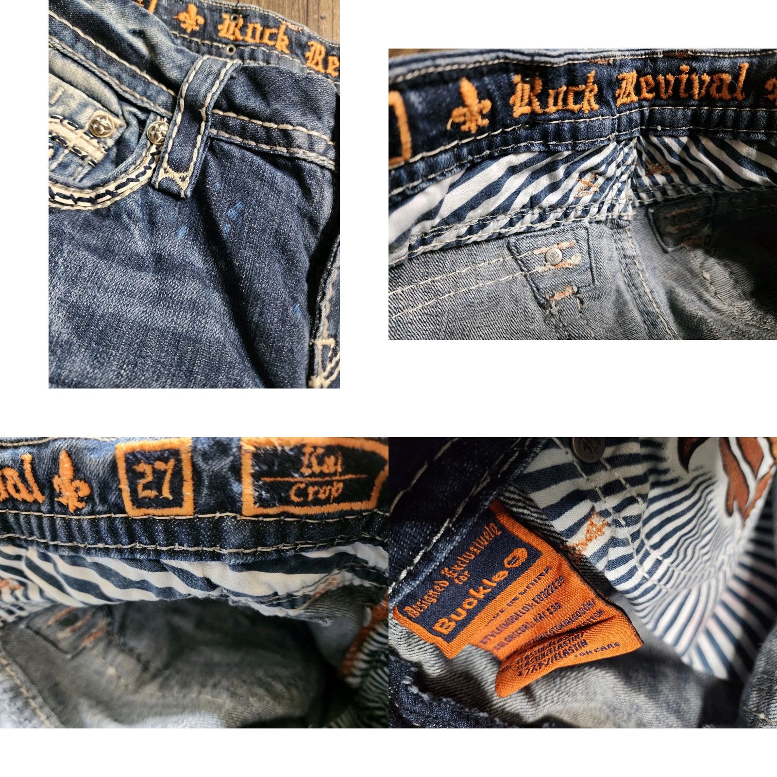 Vintage Rock Revival Kai Crop Jeans Womens 27 Blue Distressed Straight Leg Buckle Exclusive Size 27" / US 4 / IT 40 - 8 Thumbnail