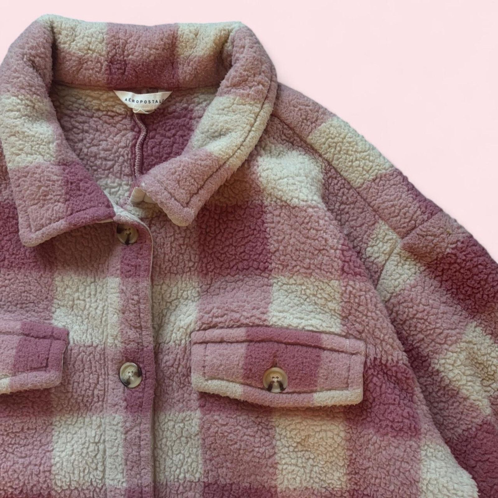 Aeropostale Pink & White Plaid Aeropostale Sherpa Jacket Size L / US 10 / IT 46 - 1 Thumbnail