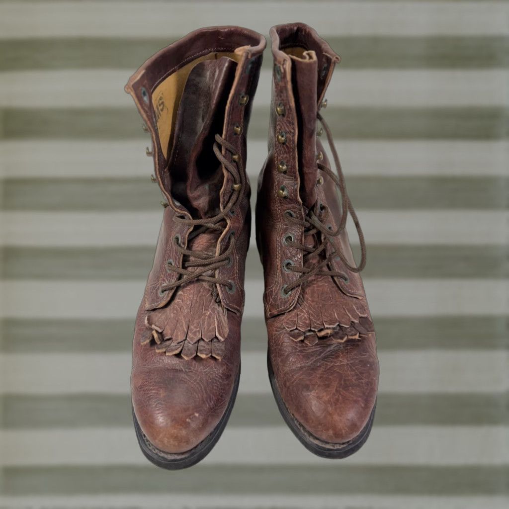 Vintage Boulet Western Boots Mens 9 Brown Leather Lace-Up Cowboy Almond Toe Mid-Calf Shaft Style Western Theme Cowboy, Workwear, Comfort, Casual Men Boots Size US 9 / EU 42 - 1 Thumbnail