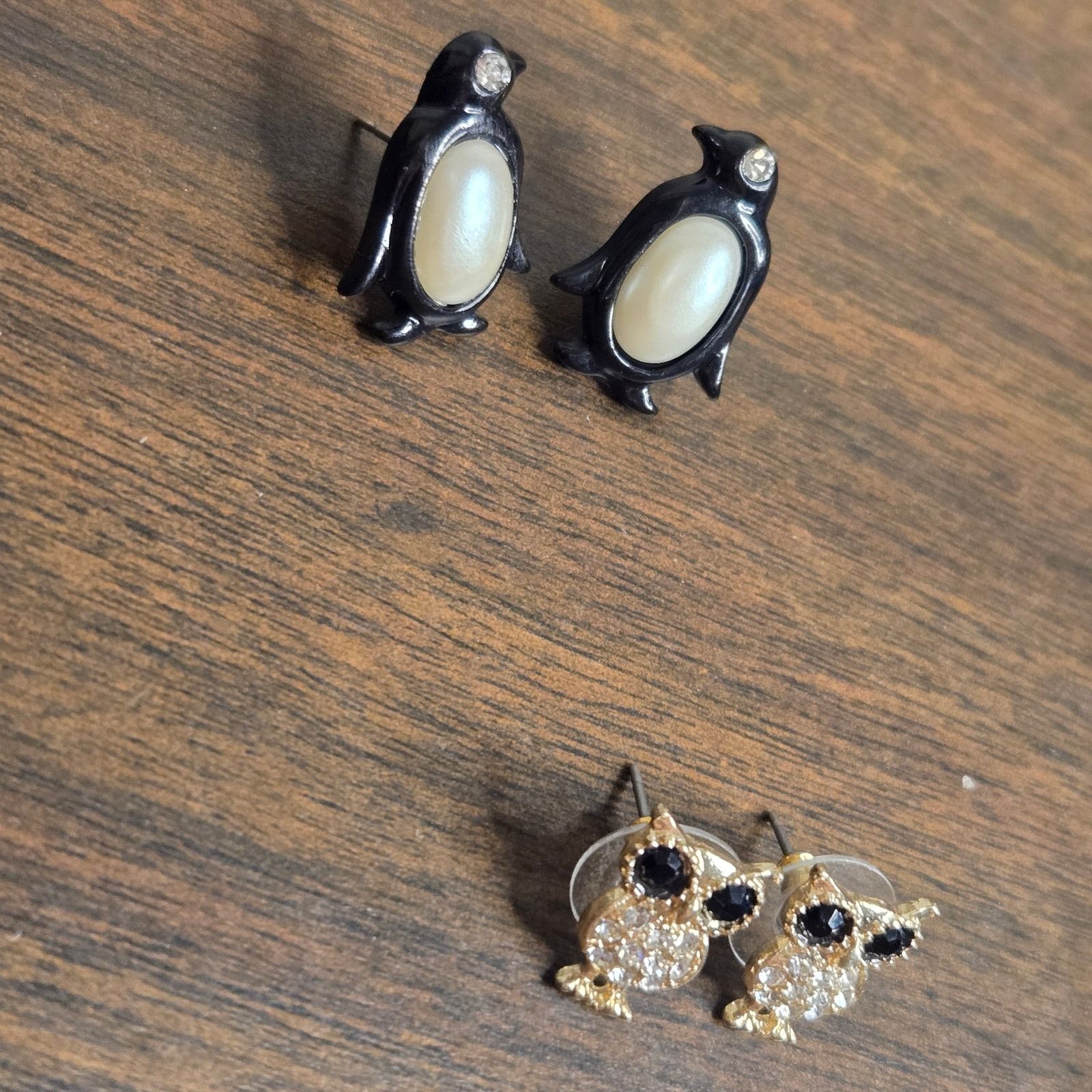 Vintage Gold Tone Owl & Enameled Penguin Studs - Whimsical Bird Size ONE SIZE - 4 Thumbnail