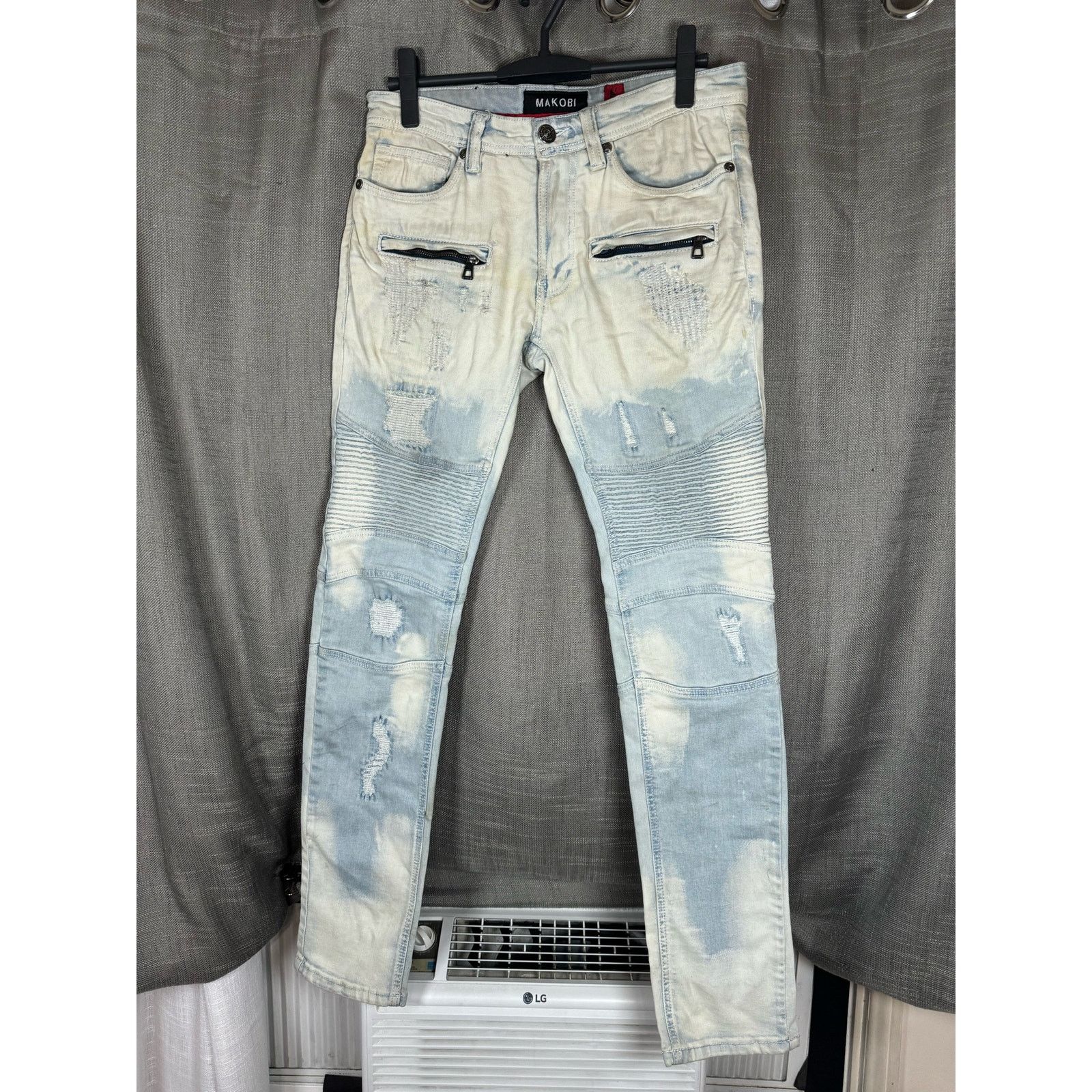 Unknown London Makobi Prado Biker Jeans With Rip & Repair Light Wash Mens Size US 30 / EU 46 - 1 Thumbnail