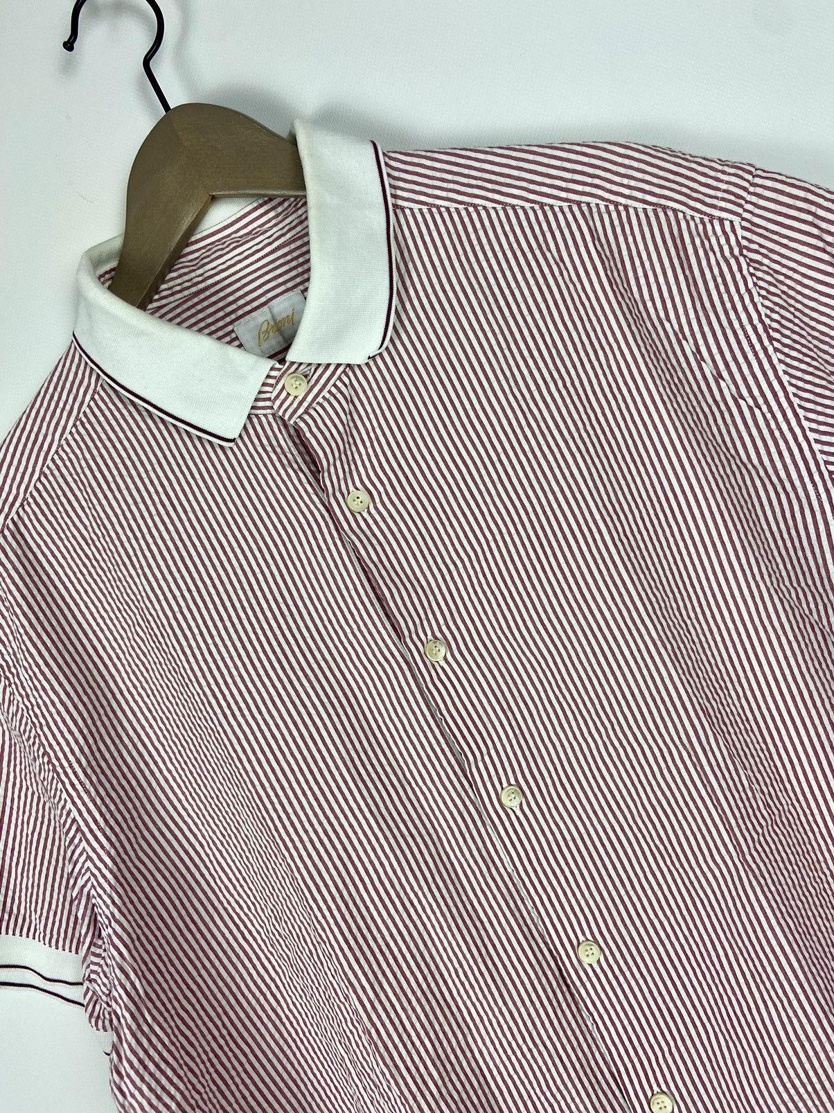 Brioni × Designer Brioni Striped Mens Shirt White Pink Short Sleeve Luxury Size US XL / EU 56 / 4 - 9 Thumbnail