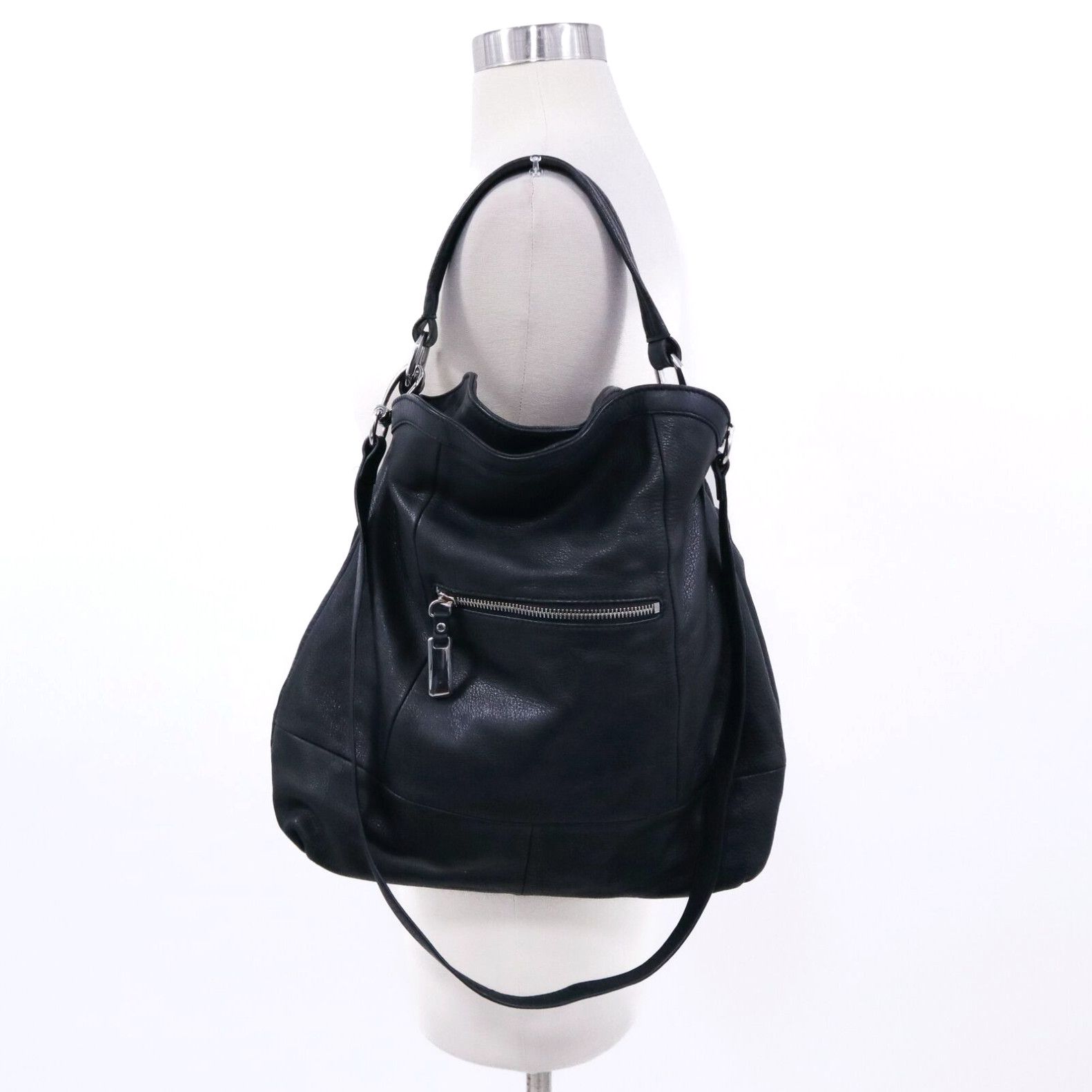 image of Vintage B. Makowsky Hobo Shoulder Bag Purse Black Leather Crossbody Strap in White, Women's
