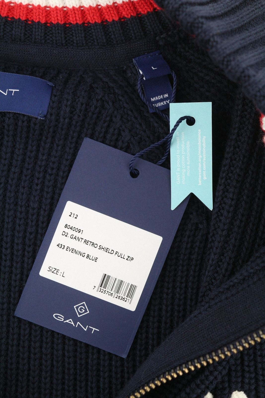 Gant RETRO SHIELD FULL ZIP L Evening Blue Cotton Jumper 87313 Size US L / EU 52-54 / 3 - 6 Thumbnail