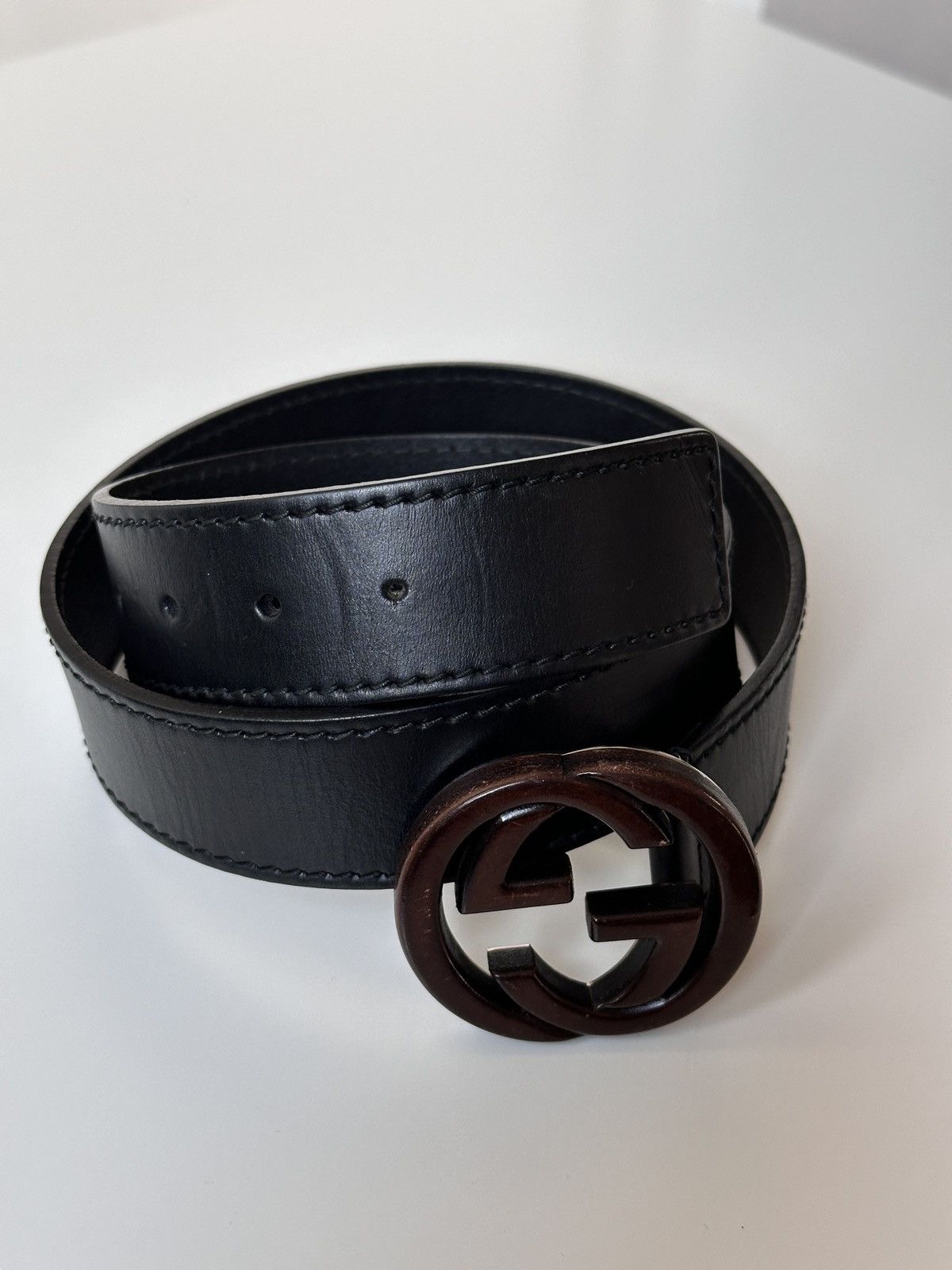 Gucci GUCCI Wooden Brown Buckle Leather Double GG Belt Size: 85/34 Size 30 - 10 Thumbnail