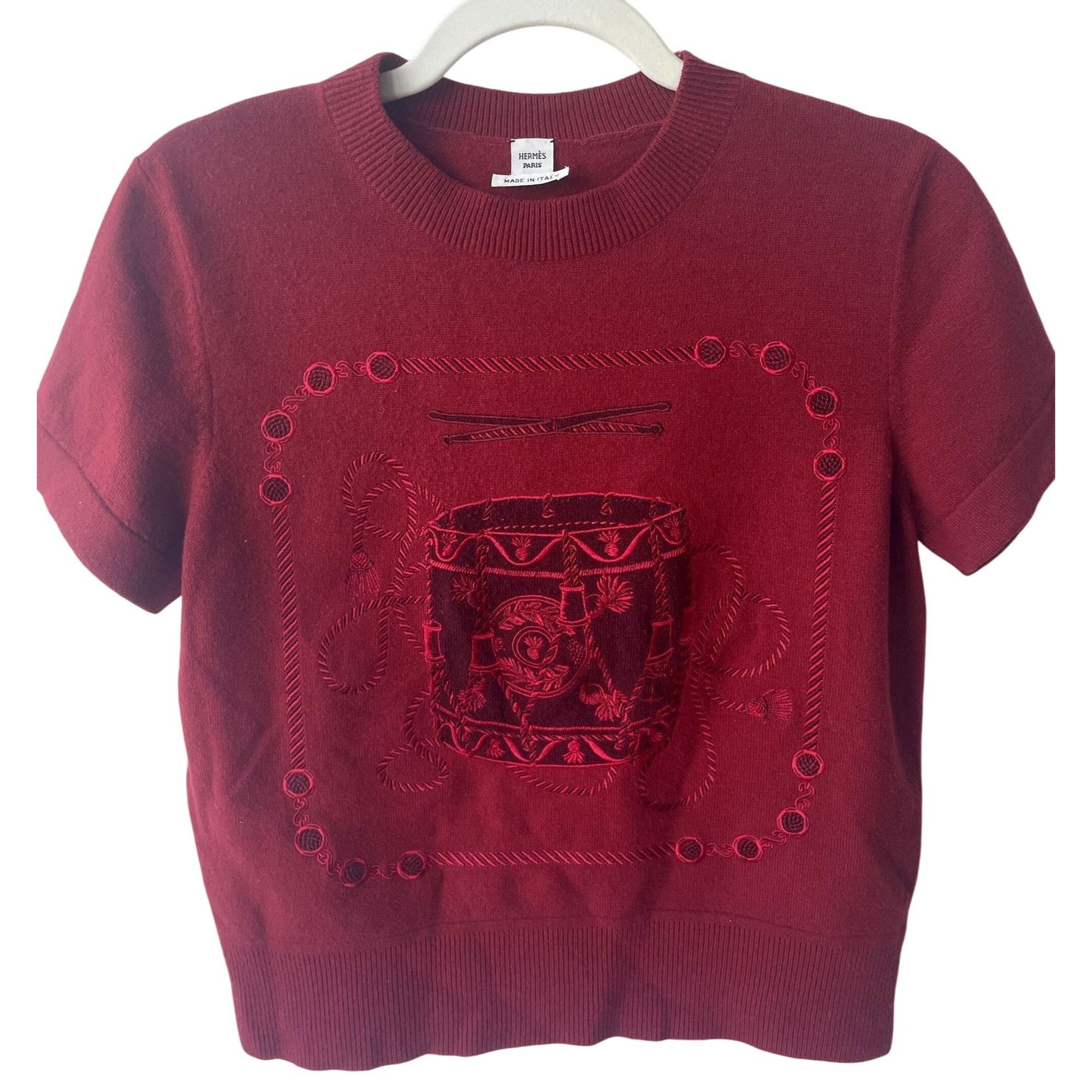 Hermes Hermès Paris Red Wool Short-Sleeve Embroidered Sweater Size 27" / US 4 / IT 40 - 1 Thumbnail