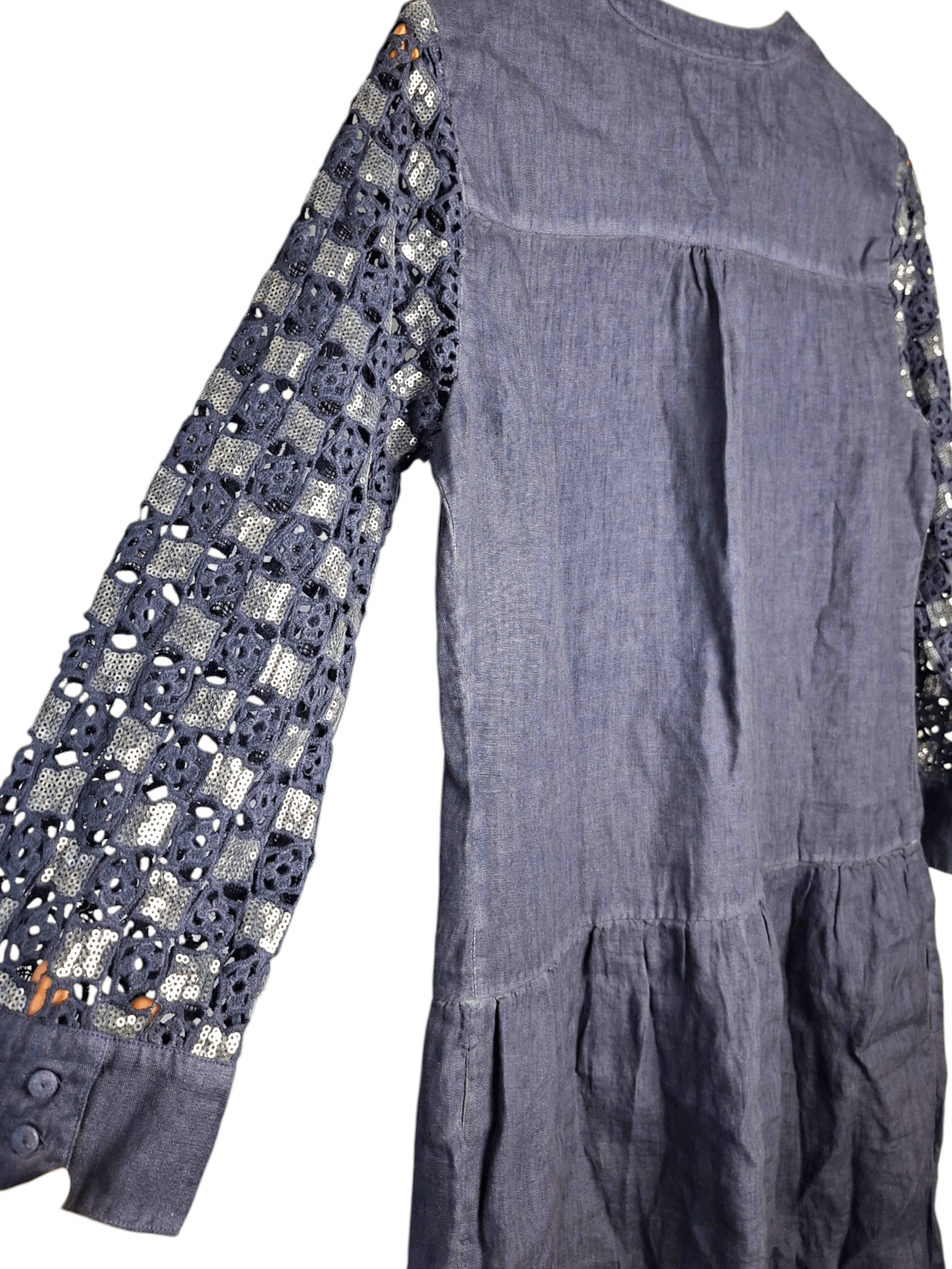 120% Lino 120% Lino Blue Linen Sequin Crochet Sleeve Shift Dress Size M / US 6-8 / IT 42-44 - 5 Thumbnail