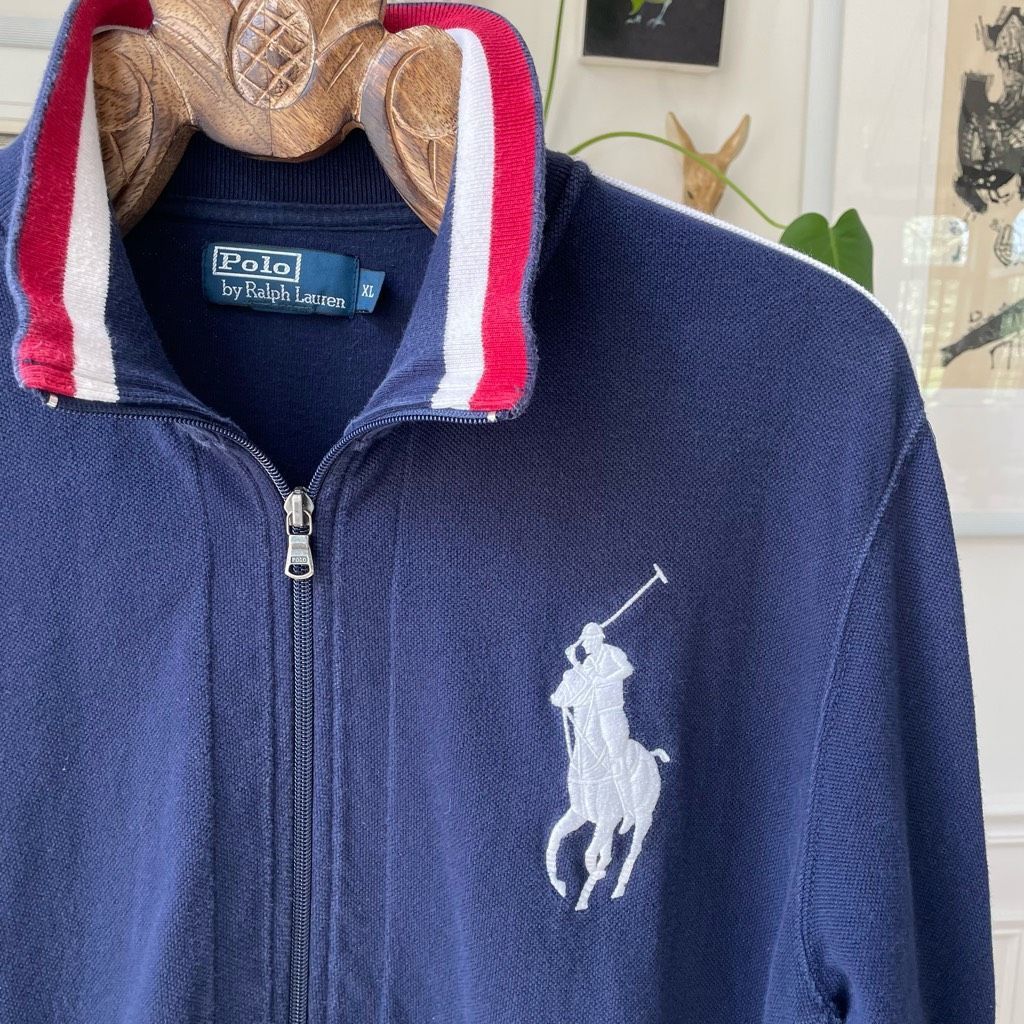 image of Vintage Polo Ralph Laurent Blue Pique Cotton Big Pony Full Zi, Men's (Size XL)