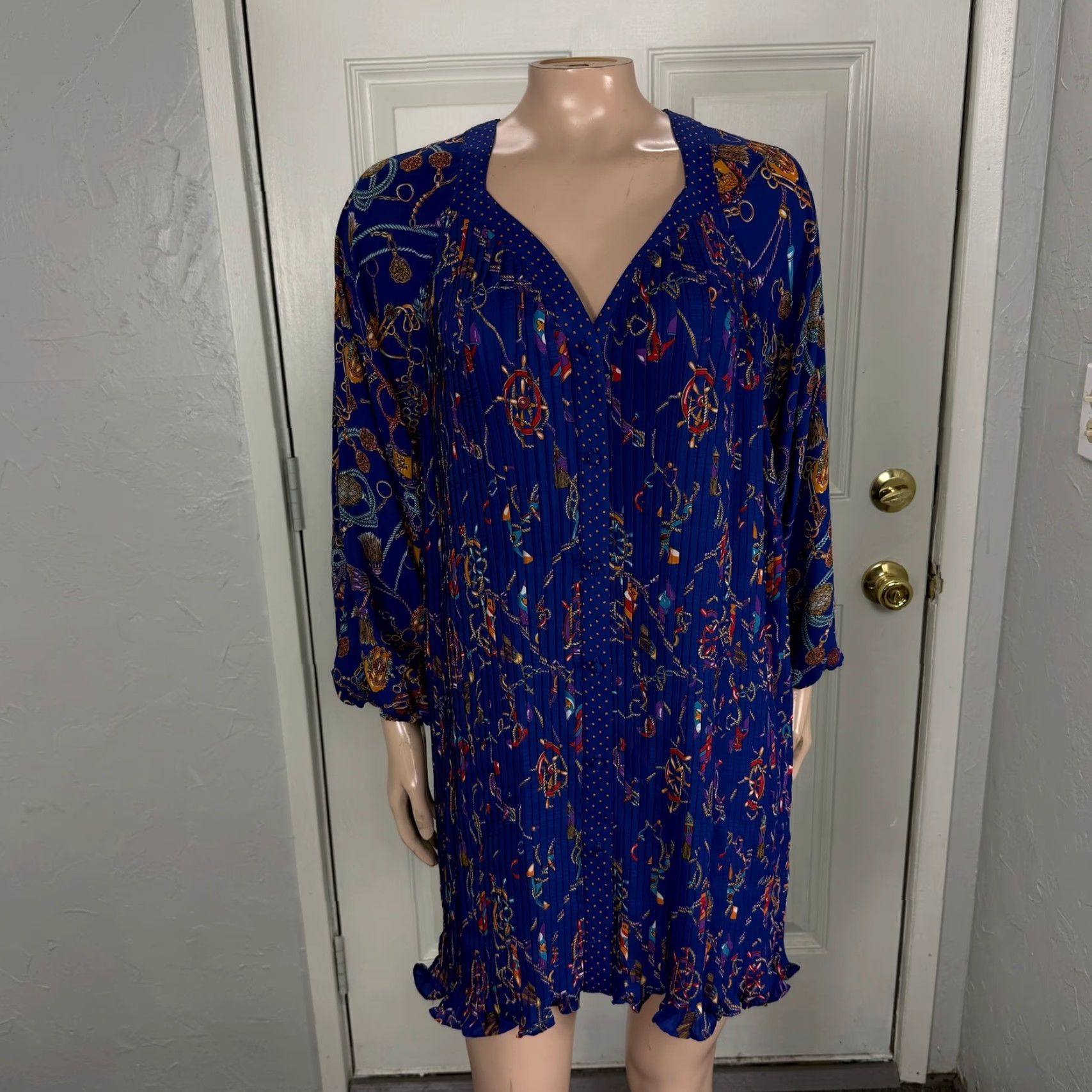 Vintage VINTAGE 90s Diane Fries Dress Shirt Dress Bohemian Blue Polyester Long Sleeve Casual Womens Size ONE SIZE - 4 Thumbnail