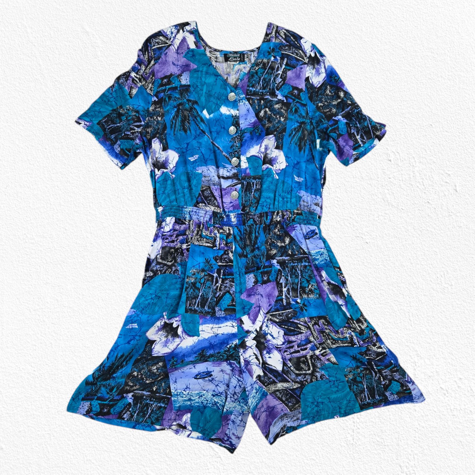 Vintage 80s Black Blue Bold Tropical Print Romper Size 1X Size 40" / US 18 - 2 Thumbnail