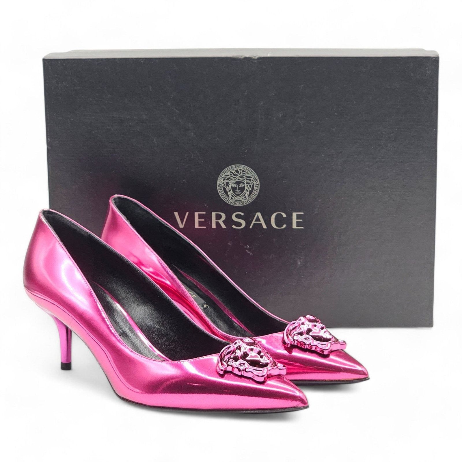 Versace Le Medusa Kitten Heel Pumps - Leather - Fuchsia Pink - 37.5 Size US 7.5 / IT 37.5 - 9 Thumbnail