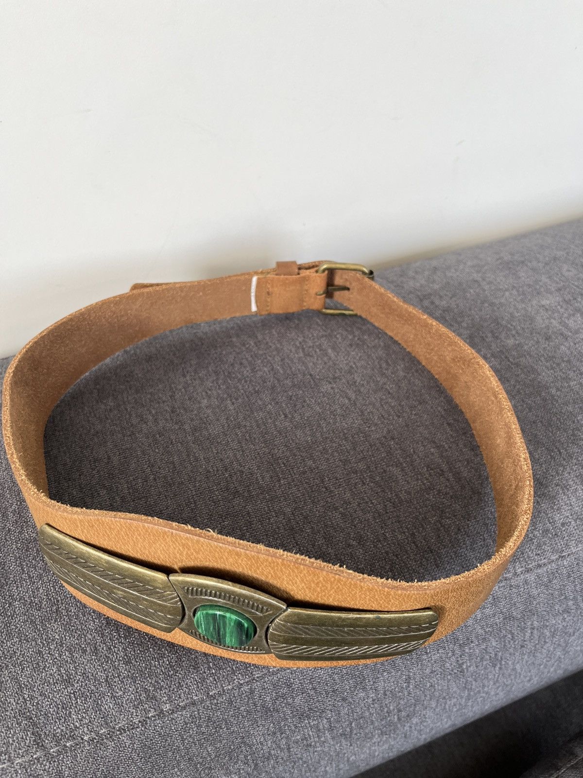 Cowboy Equipment × Vintage Vintage Aztec Mayan Leather Wide Belt Malachite Gemstone Size ONE SIZE - 6 Thumbnail