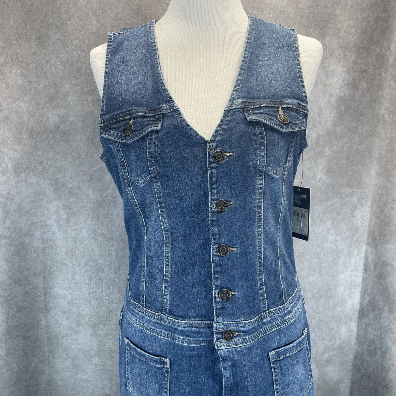 Guess Layla Blue Denim Jumpsuit Women's XL V Neck New
