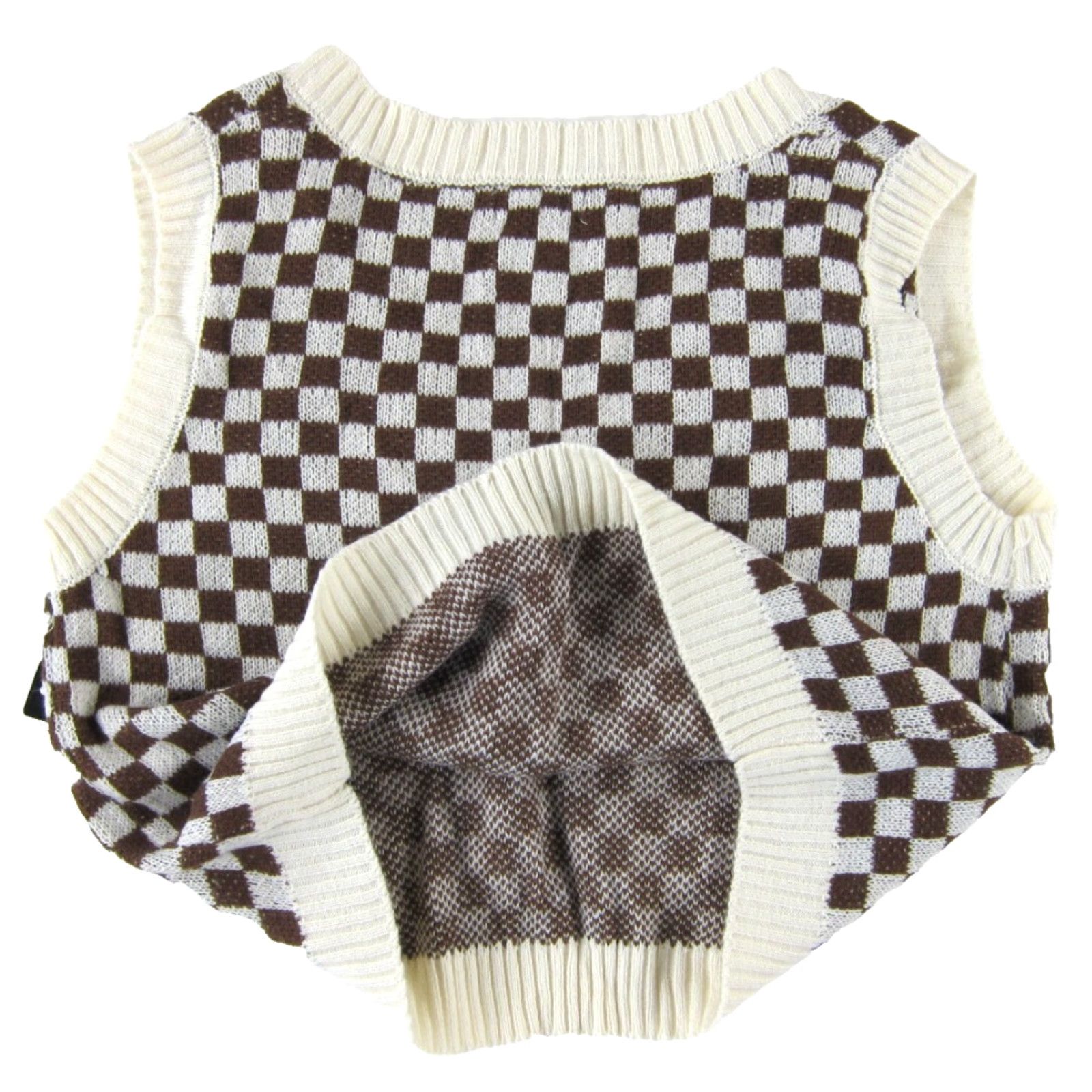 Vintage NWT Justify Ivory Brown Checkerboard Sleeveless Cropped Tight Knit Vest M Size M / US 6-8 / IT 42-44 - 5 Thumbnail