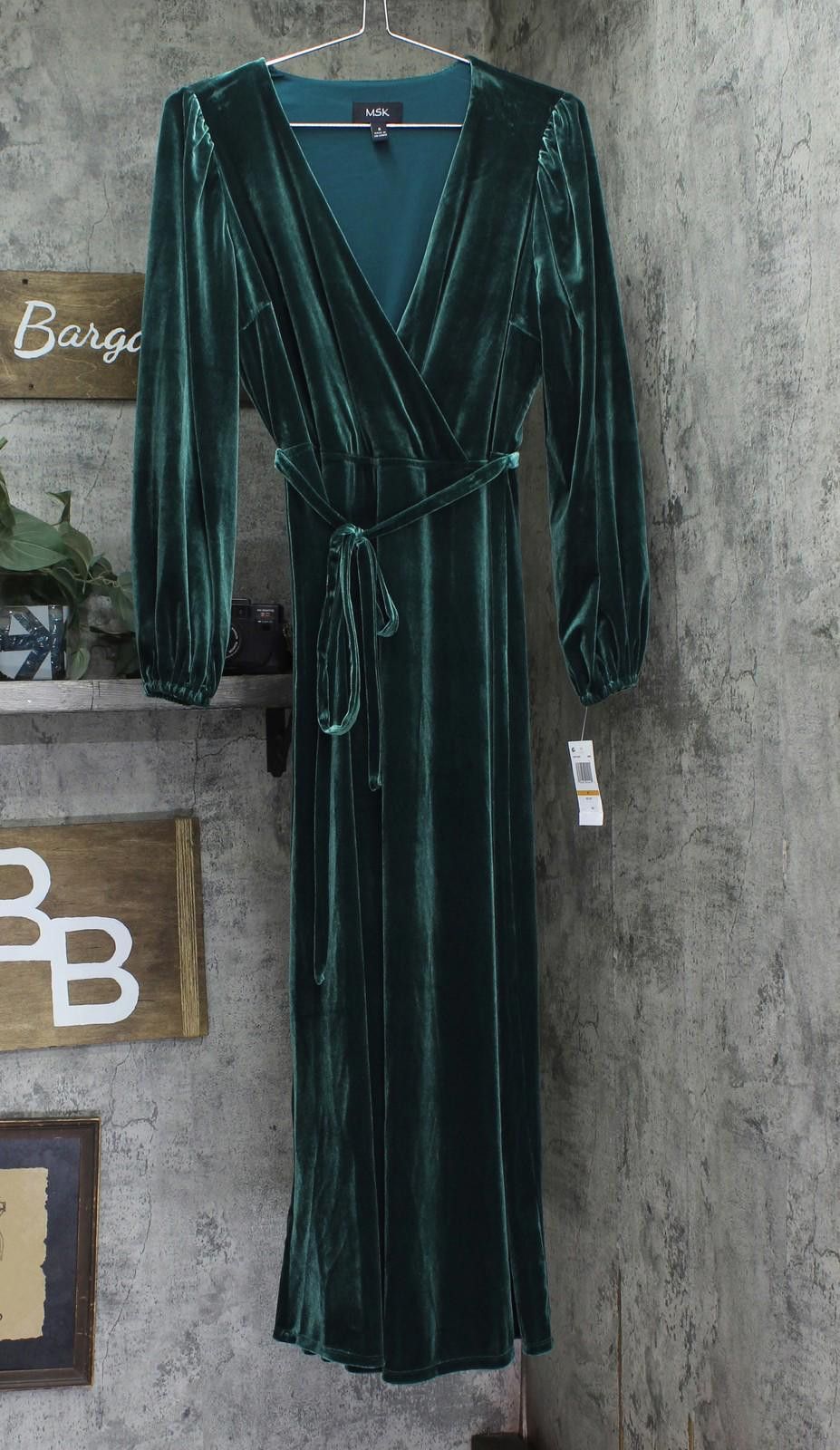 Nwt Msk Long Sleeve V Neck Stretch Dress Emerald Green S Midi Dresses