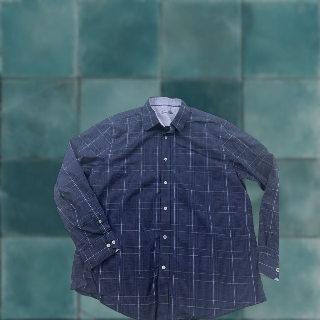 Tasso Elba Tasso Elba Shirt Mens XL 17-17.5 Long Sleeve Blue Plaid Button-Up Dress Shirt Mens Size 46R - 1 Thumbnail