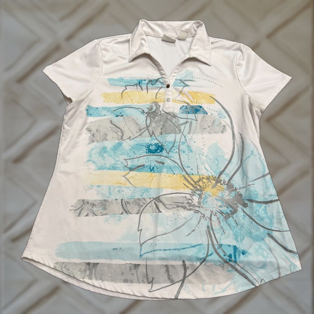 Vintage Chico's Polo Shirt Womens 1 Medium White Abstract Zenergy Casual Polo Shirt Size XS / US 0-2 / IT 36-38 - 1 Thumbnail