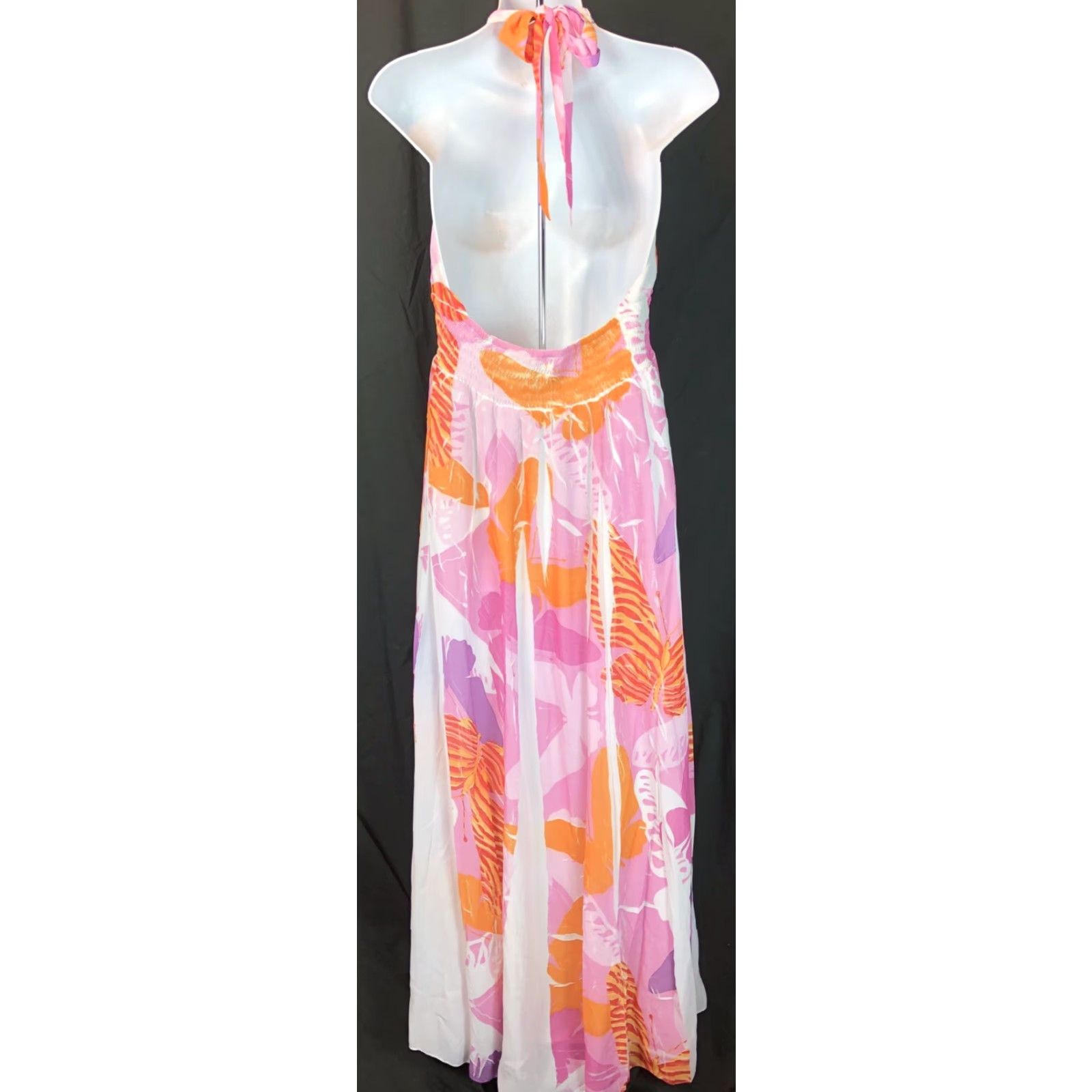 Vintage MKM Maxi Halter Dress L Pink/purple Floral Smocked Flowy Beach Tropical Dress Size L / US 10 / IT 46 - 4 Thumbnail