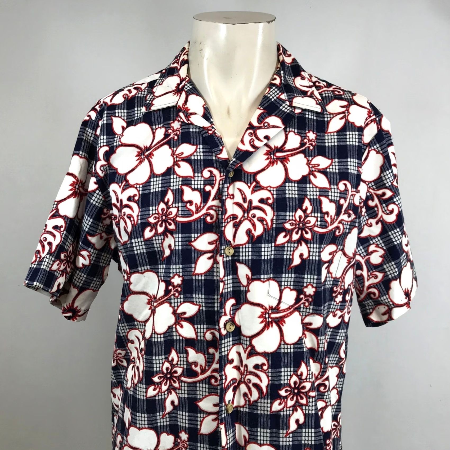 ALOHAS RJC Hibiscus Floral Plaid Aloha Shirt Navy White Red USA Made Mens L Shirt Size US L / EU 52-54 / 3 - 2 Thumbnail