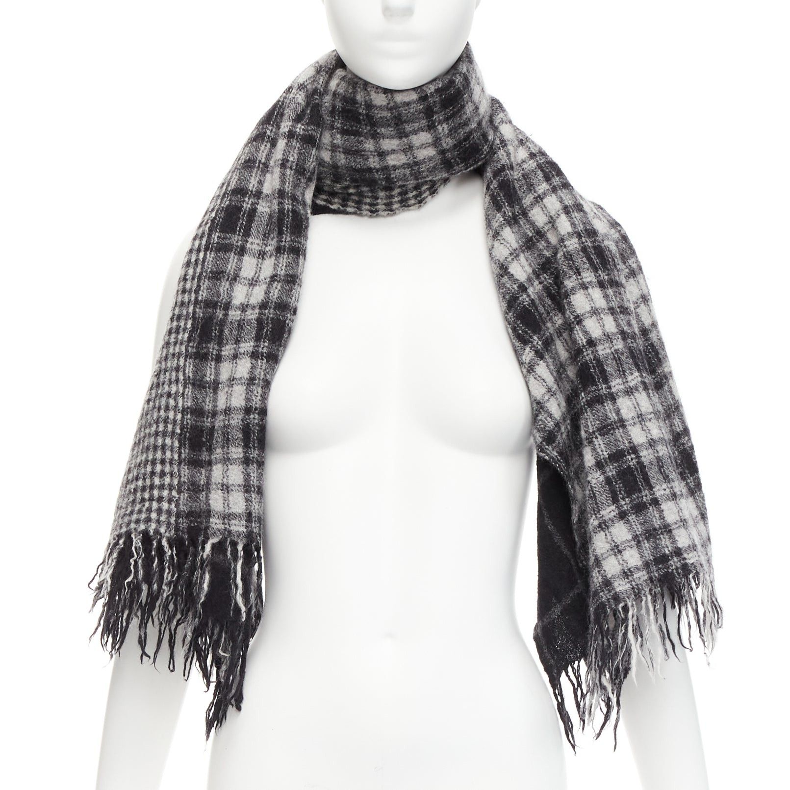 Yohji Yamamoto Y'S YOHJI YAMAMOTO grey 100% wool checkered black Y safety pin fringe scarf Size ONE SIZE - 1 Thumbnail