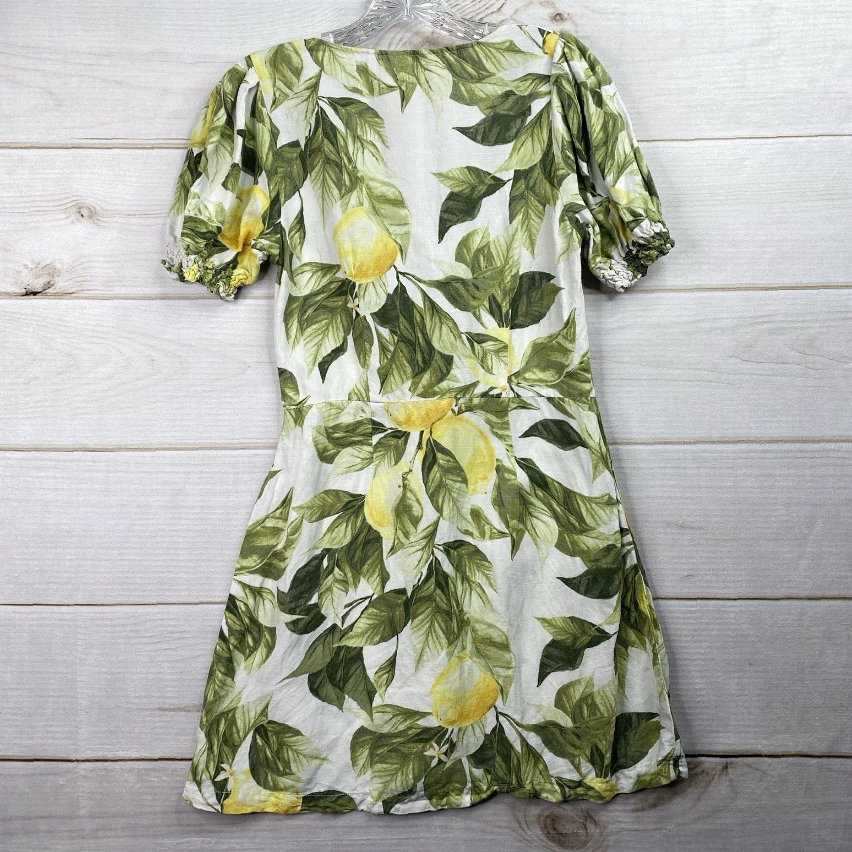 H&M H&M Dress XS Green Floral Linen Blend Lemon Print Mini Button Up V Neck Sleeveless Puff Sleeve Women Casual Short Dress Size XS / US 0-2 / IT 36-38 - 7 Thumbnail