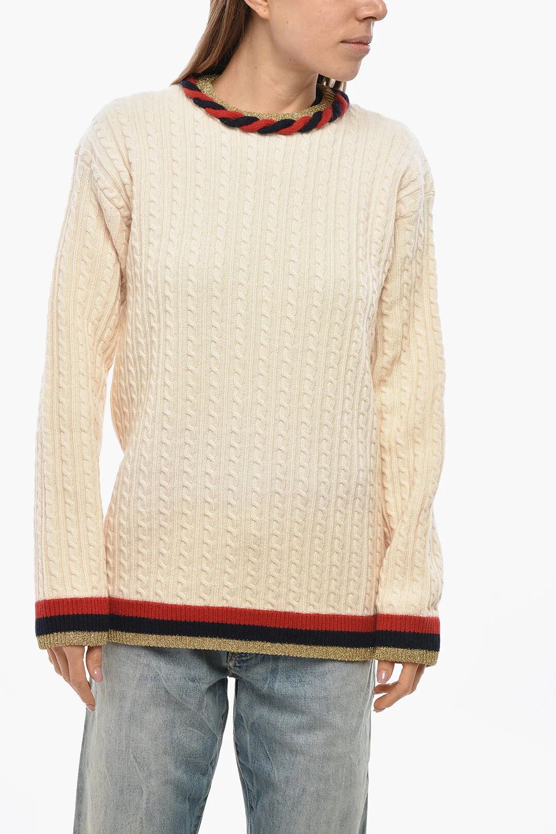 Gucci o1mm0326 Cashmere-Blend Cable Knit Crewneck Sweater in White Size XS / US 0-2 / IT 36-38 - 1 Thumbnail