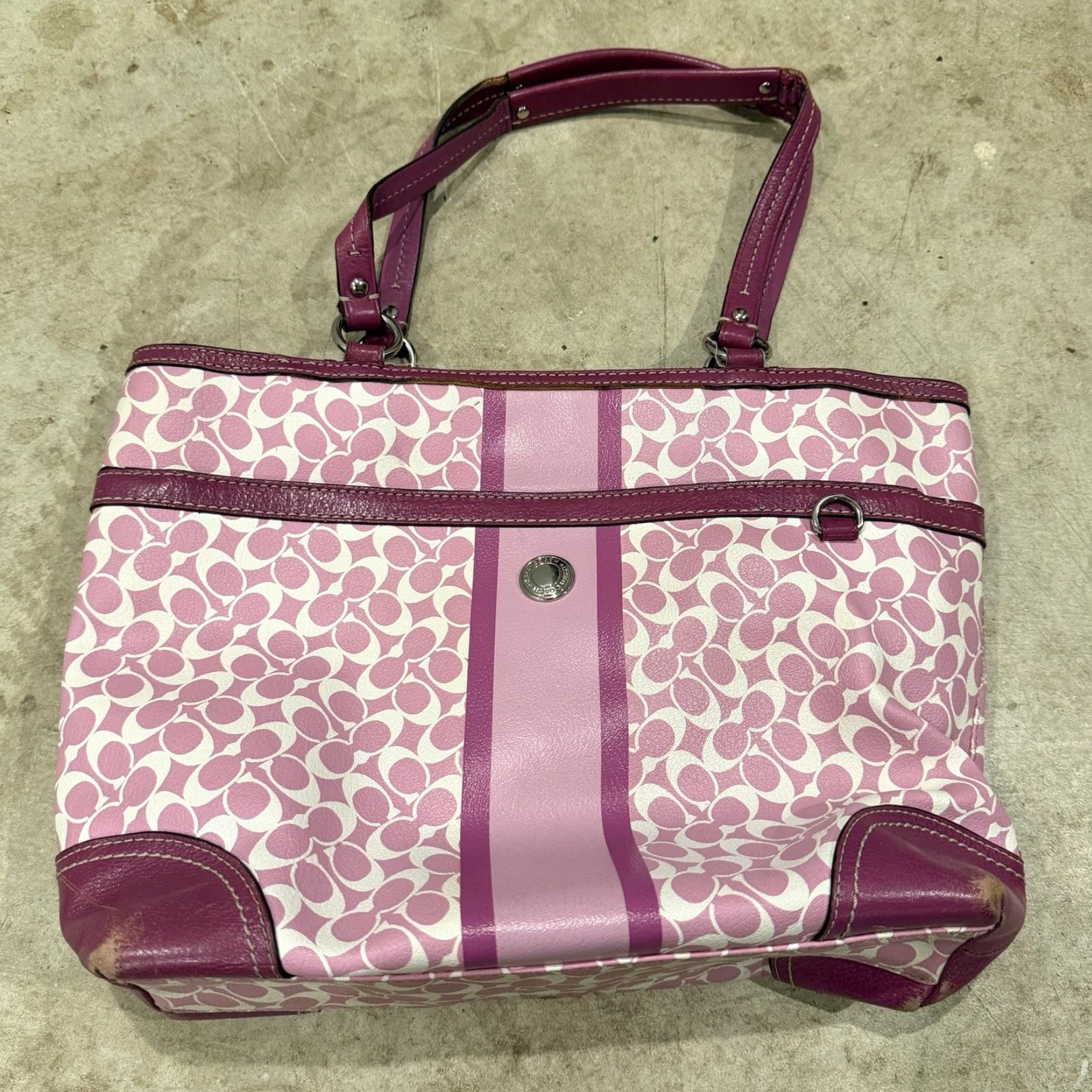 Coach Coach Shoulder Bag Medium Pur​ple & White Heritage Signature Stripe Tote PURSE Size ONE SIZE - 2 Thumbnail