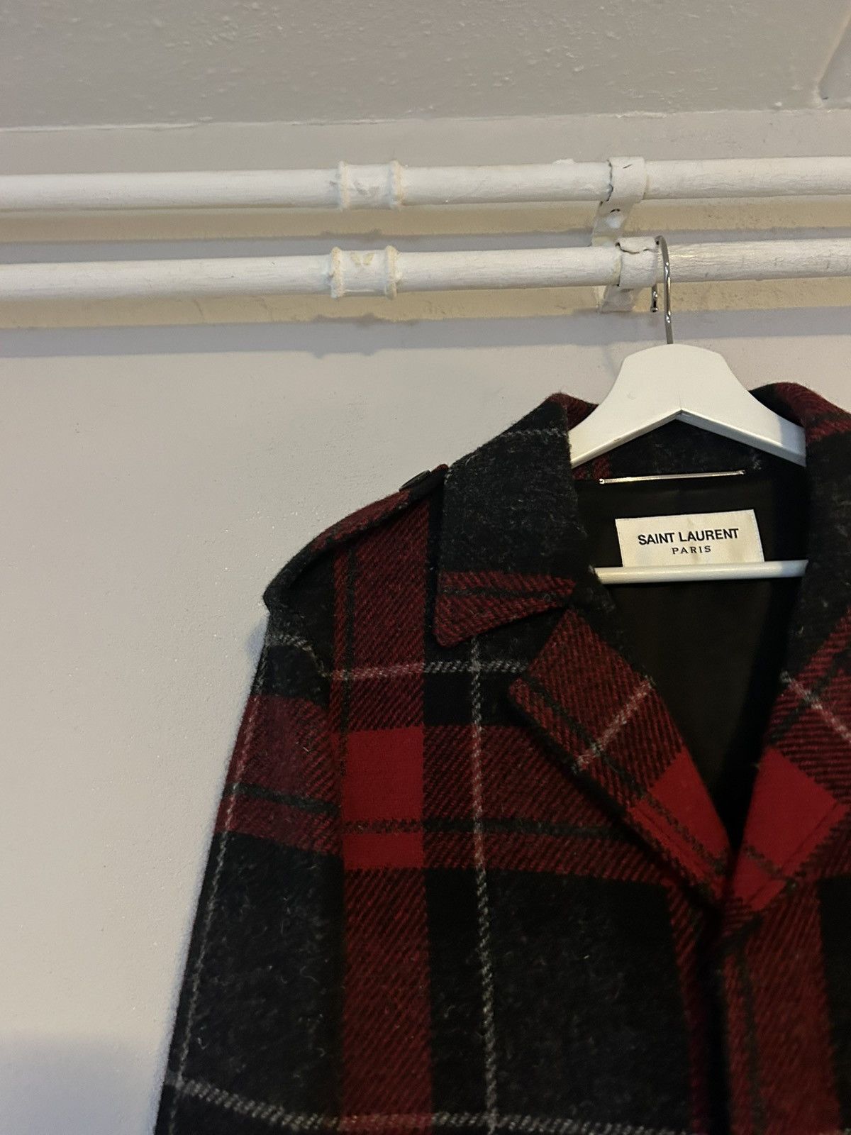 Saint Laurent Paris Saint Laurent Red & Black Tartan Wool Overcoat Size US M / EU 48-50 / 2 - 3 Thumbnail