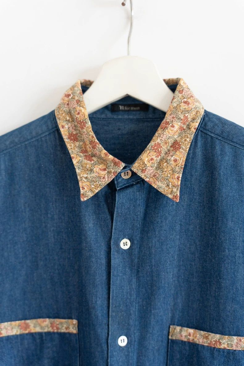 Yohji Yamamoto Yohji Yamamoto size os 90s Floral Neck Denim Shirt Size US M / EU 48-50 / 2 - 3 Thumbnail
