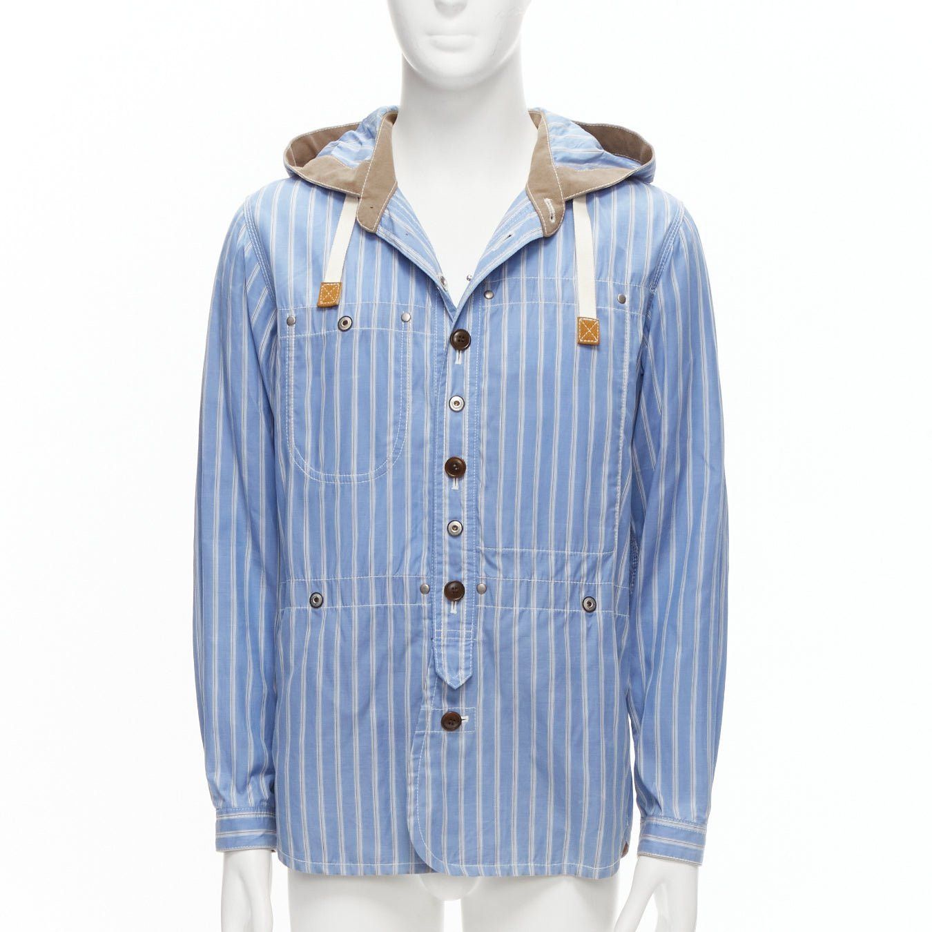 Junya Watanabe JUNYA WATANABE MAN 2013 blue brown cotton linen striped deconstructed parka jacket M Size US M / EU 48-50 / 2 - 1 Thumbnail